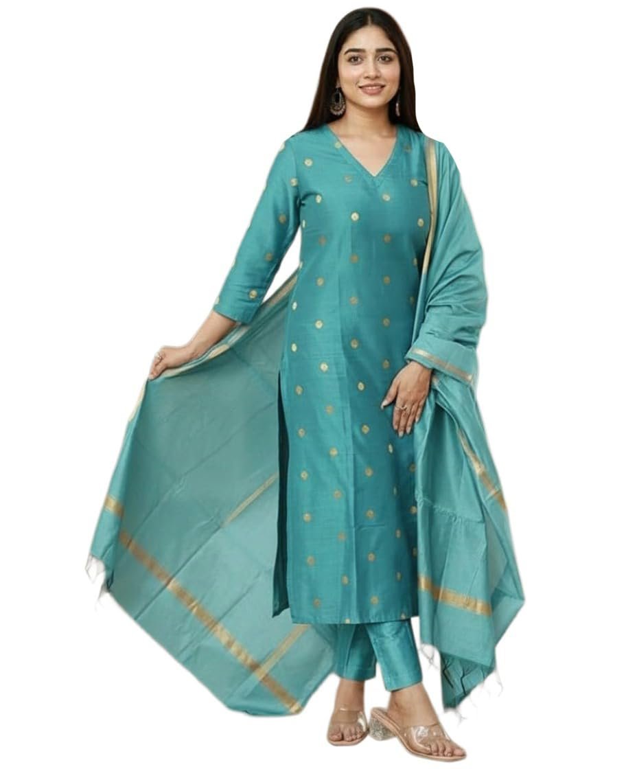 Women's Rayon Viscose Straight Printed Kurta with Pant & Dupatta (SDF SKY-VKS01-GS_XXL_Sky_XX-Large)