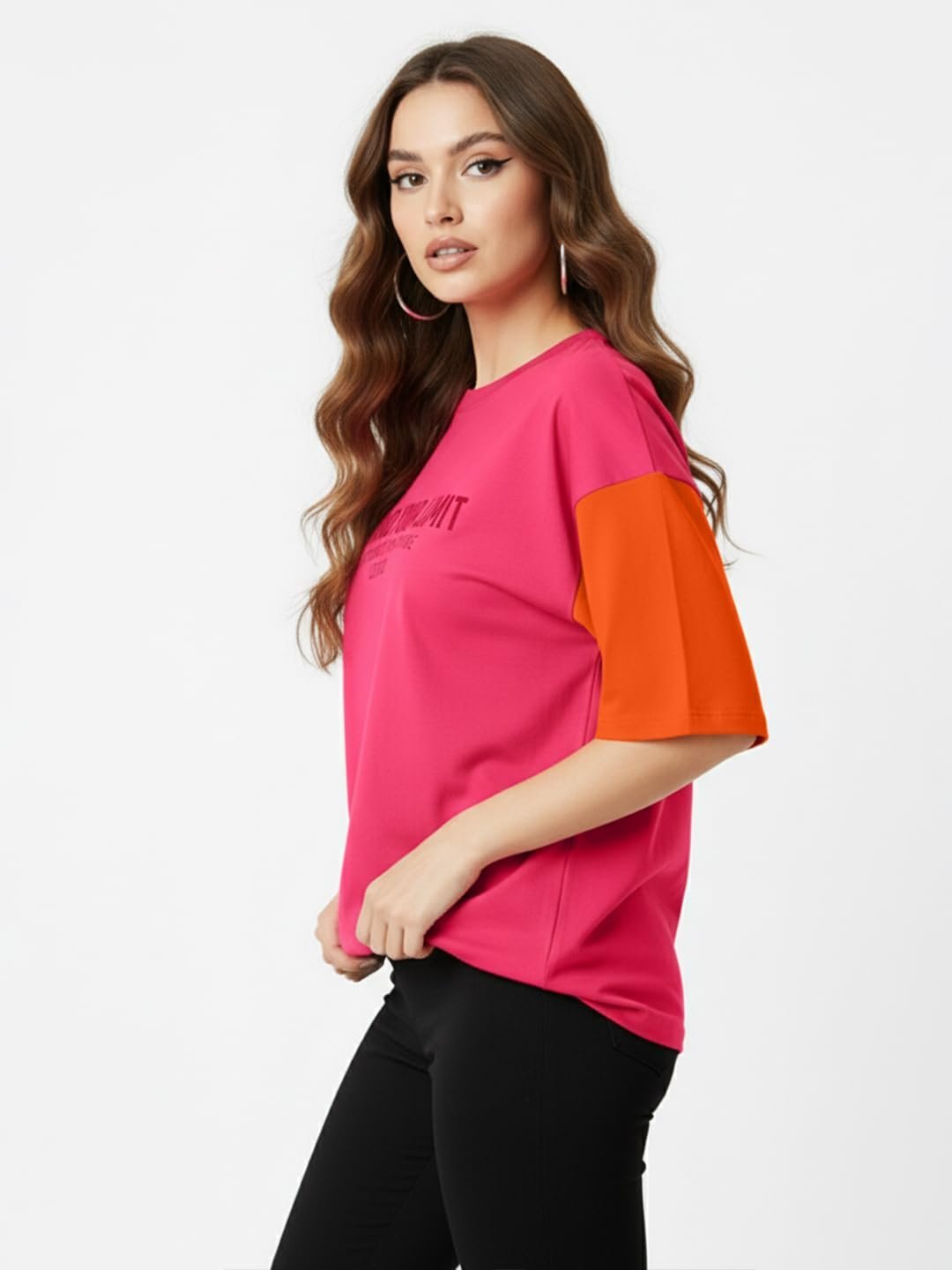 Womens Half Sleeve Oversized Round Neck Cottonblend Printed Colour Blocked T-Shirts Top for Woman (GRL_FS33_Pink_BEYONDS_P_Pink) - Image 3