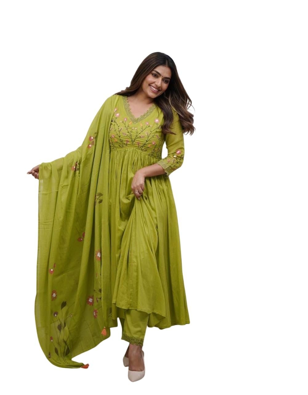 Bansidhar Trader Women's Cotton Embroidered Long Anarkali Kurti with Pant and Dupatta Set (Apple Green)