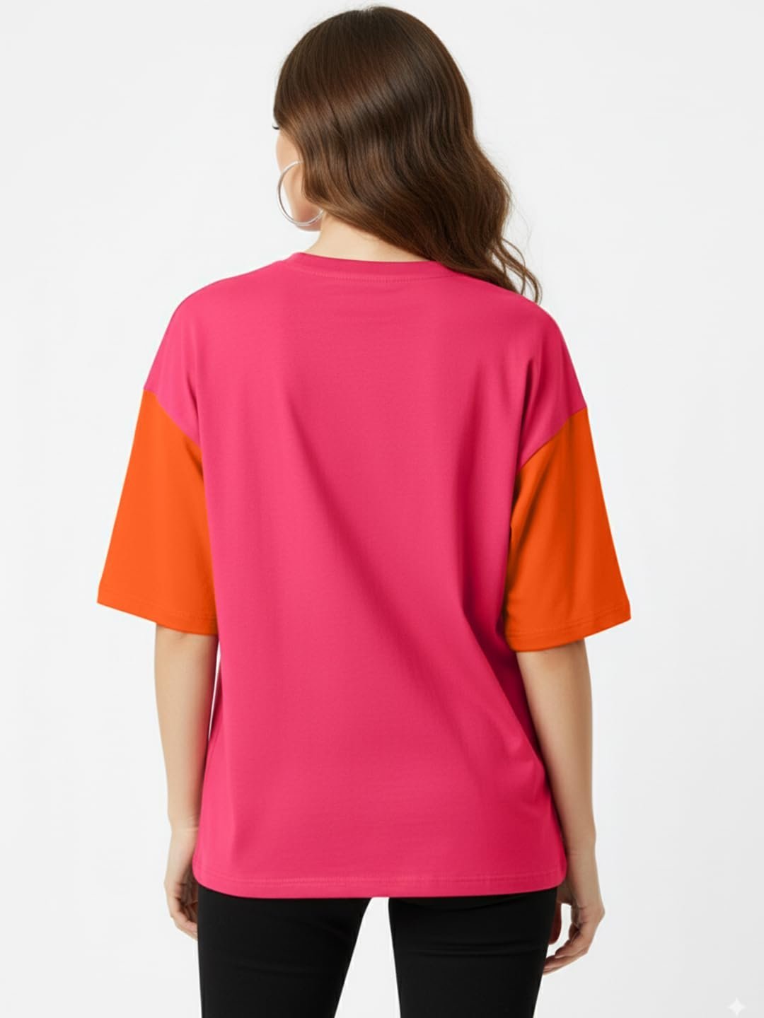 Womens Half Sleeve Oversized Round Neck Cottonblend Printed Colour Blocked T-Shirts Top for Woman (GRL_FS33_Pink_BEYONDS_P_Pink) - Image 4