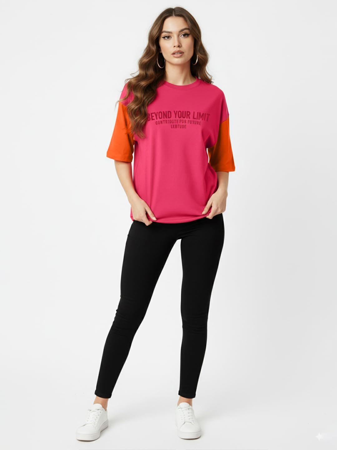 Womens Half Sleeve Oversized Round Neck Cottonblend Printed Colour Blocked T-Shirts Top for Woman (GRL_FS33_Pink_BEYONDS_P_Pink) - Image 5