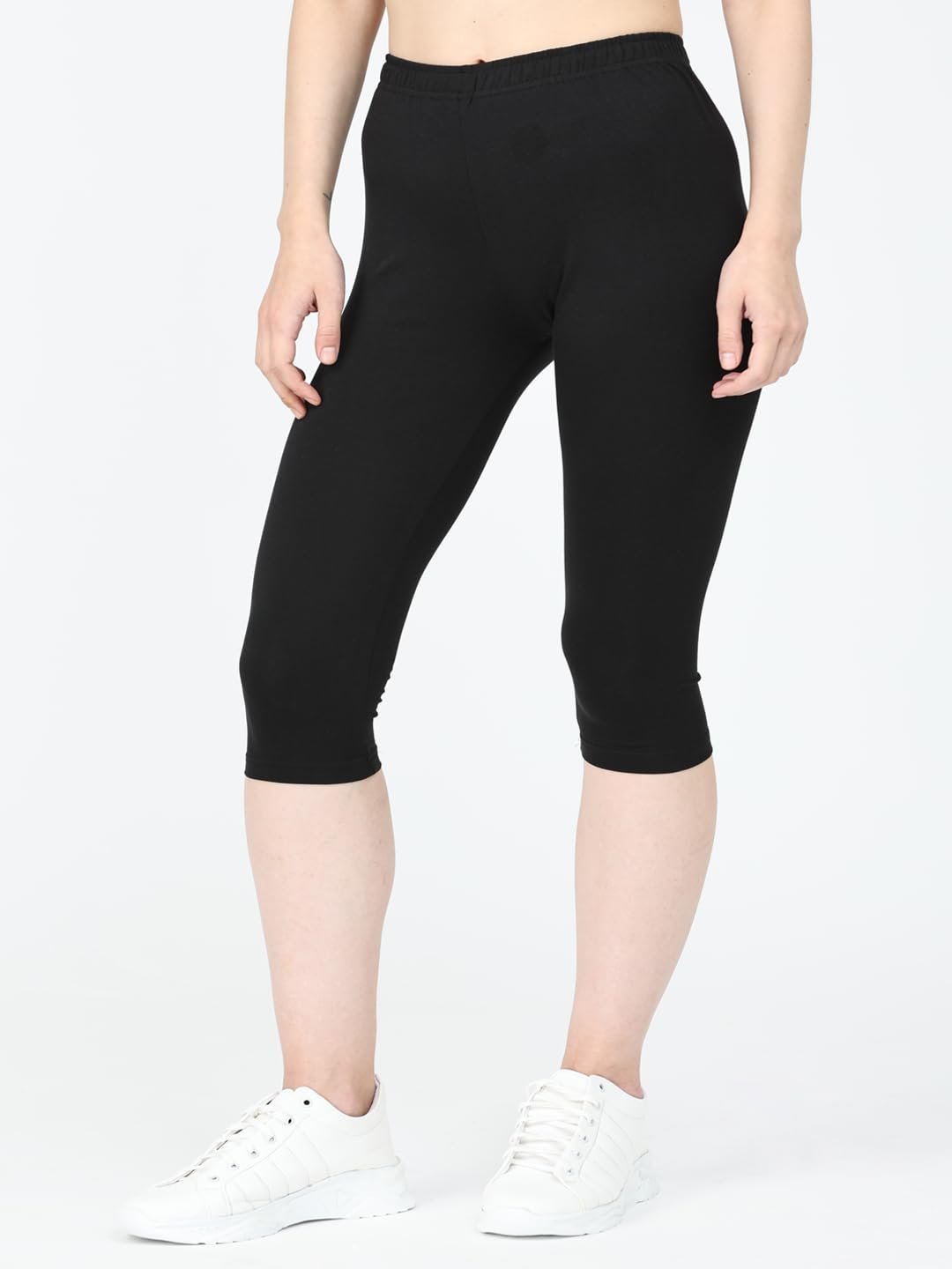 Women Mid Rise Premium Cotton Lycra Stretchable Capris Leggings (XL, Black)