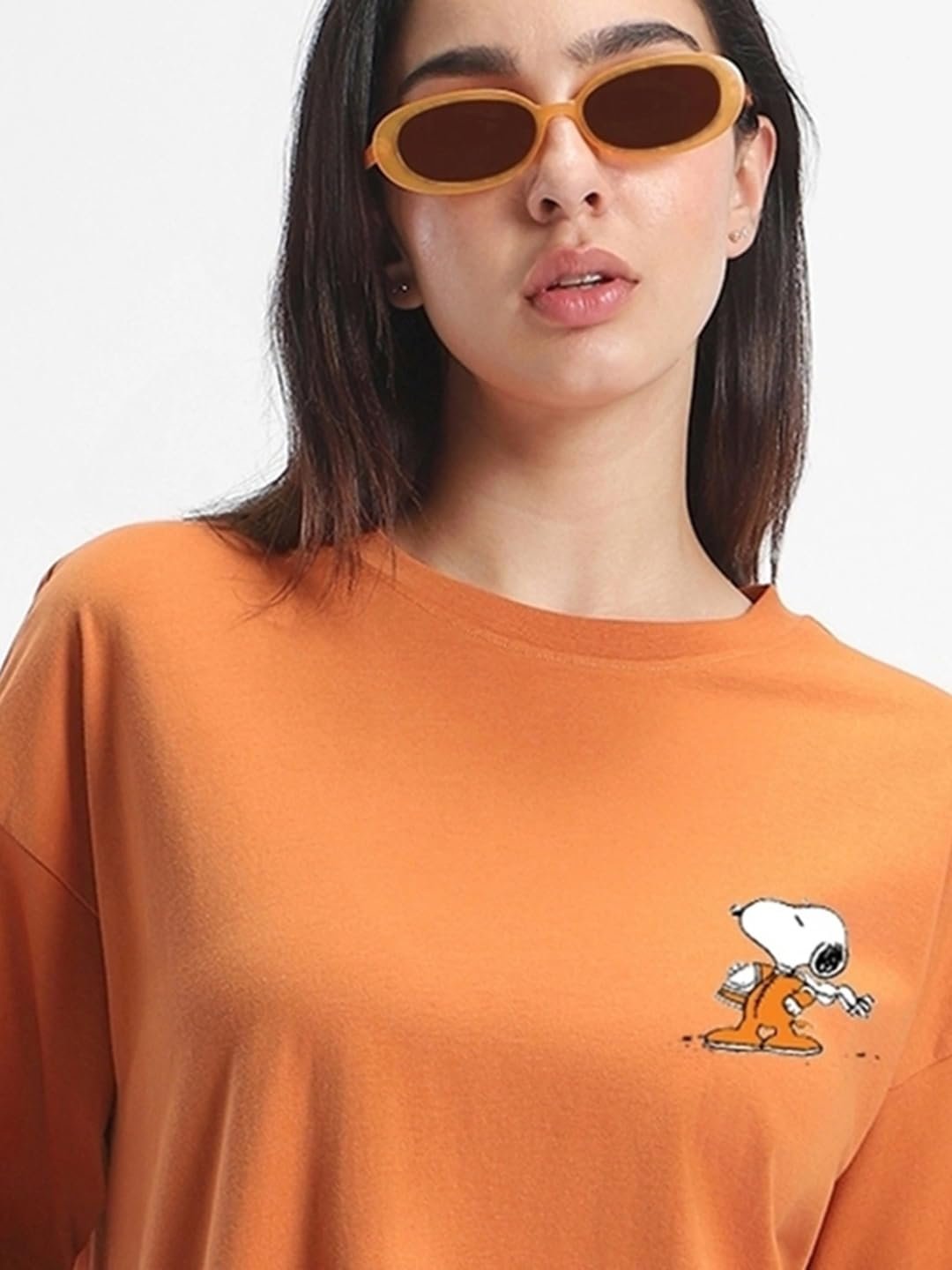 Official Peanuts Merchandise Women's Graphic Print Oversized Fit Half Sleeve Round Neck Cotton T-Shirt_630653_Orange - Image 6