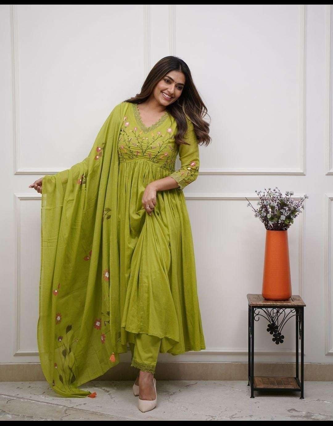 Bansidhar Trader Women's Cotton Embroidered Long Anarkali Kurti with Pant and Dupatta Set (Apple Green) - Image 5