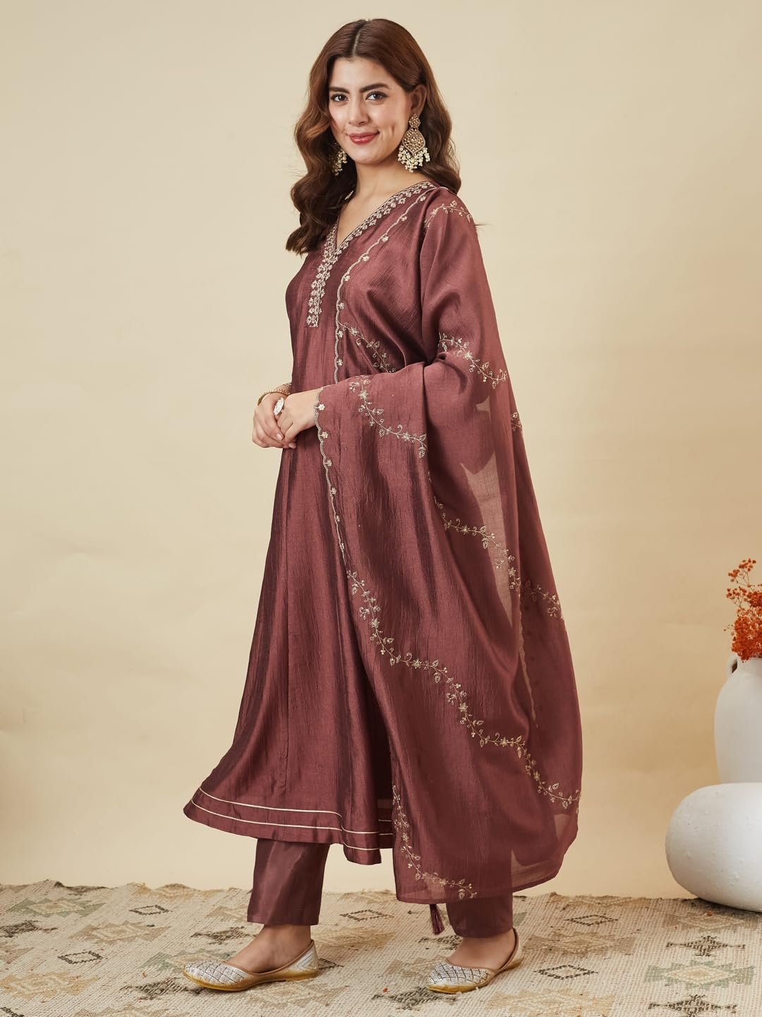 Women’s Maroon Silk Embroidery Anarkali Kurta Pant with Dupatta - Image 7