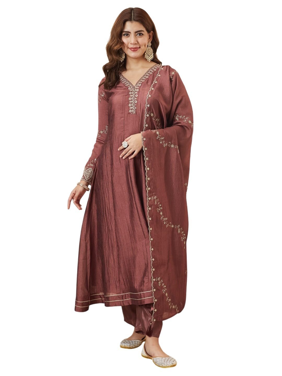 Women’s Maroon Silk Embroidery Anarkali Kurta Pant with Dupatta