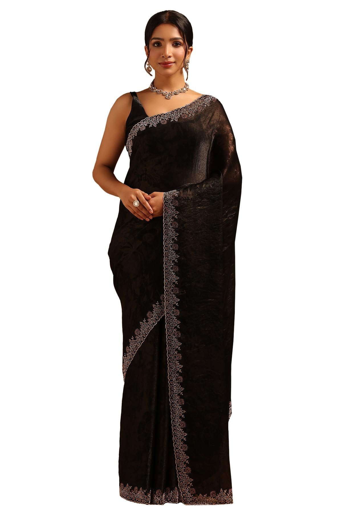 Womens Black Organza Saree With Stone Work