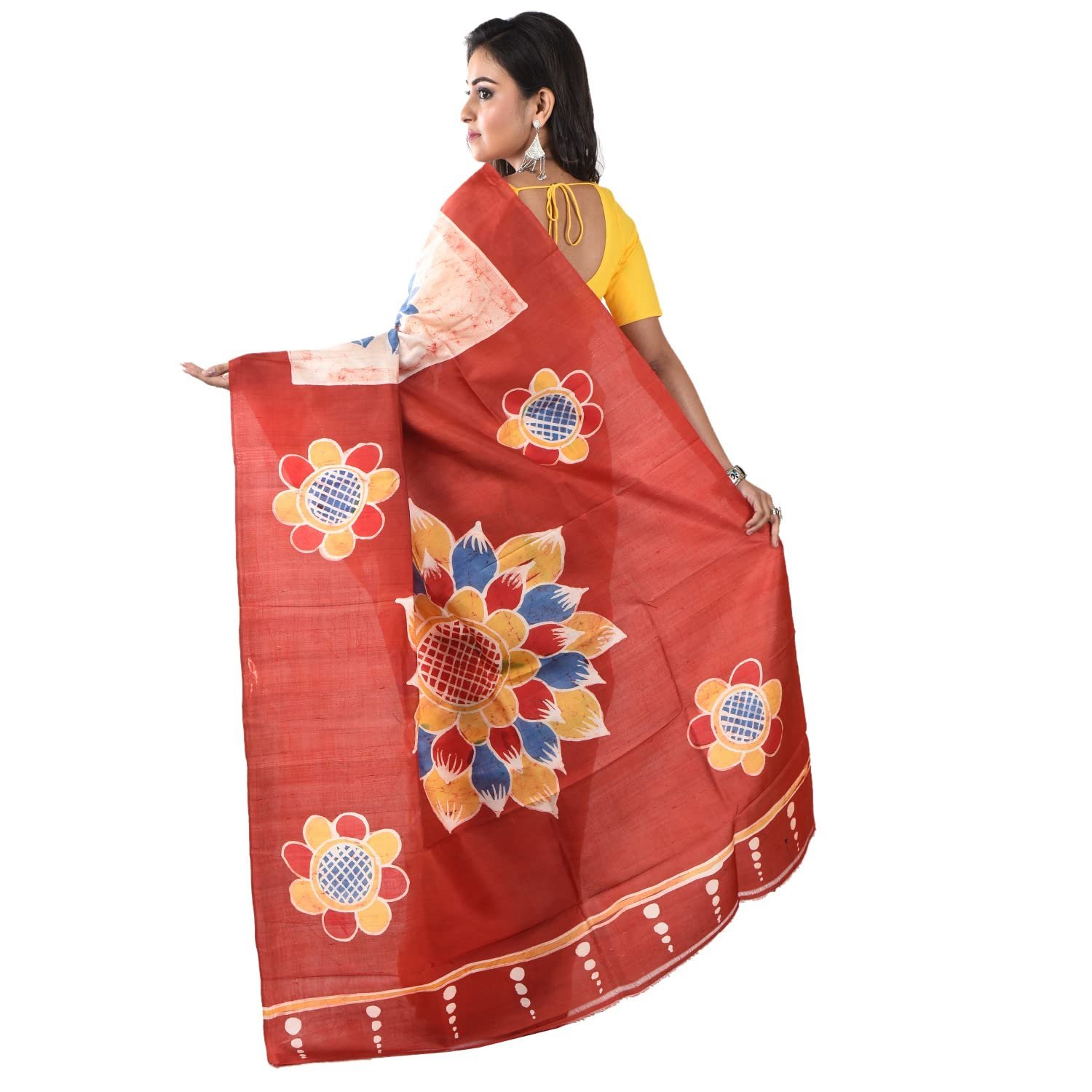 Women's Handwoven Hand Batik Pure Silk Saree and Blouse Piece with Silk Mark (GCD9_Maroon_Cream) - Image 3