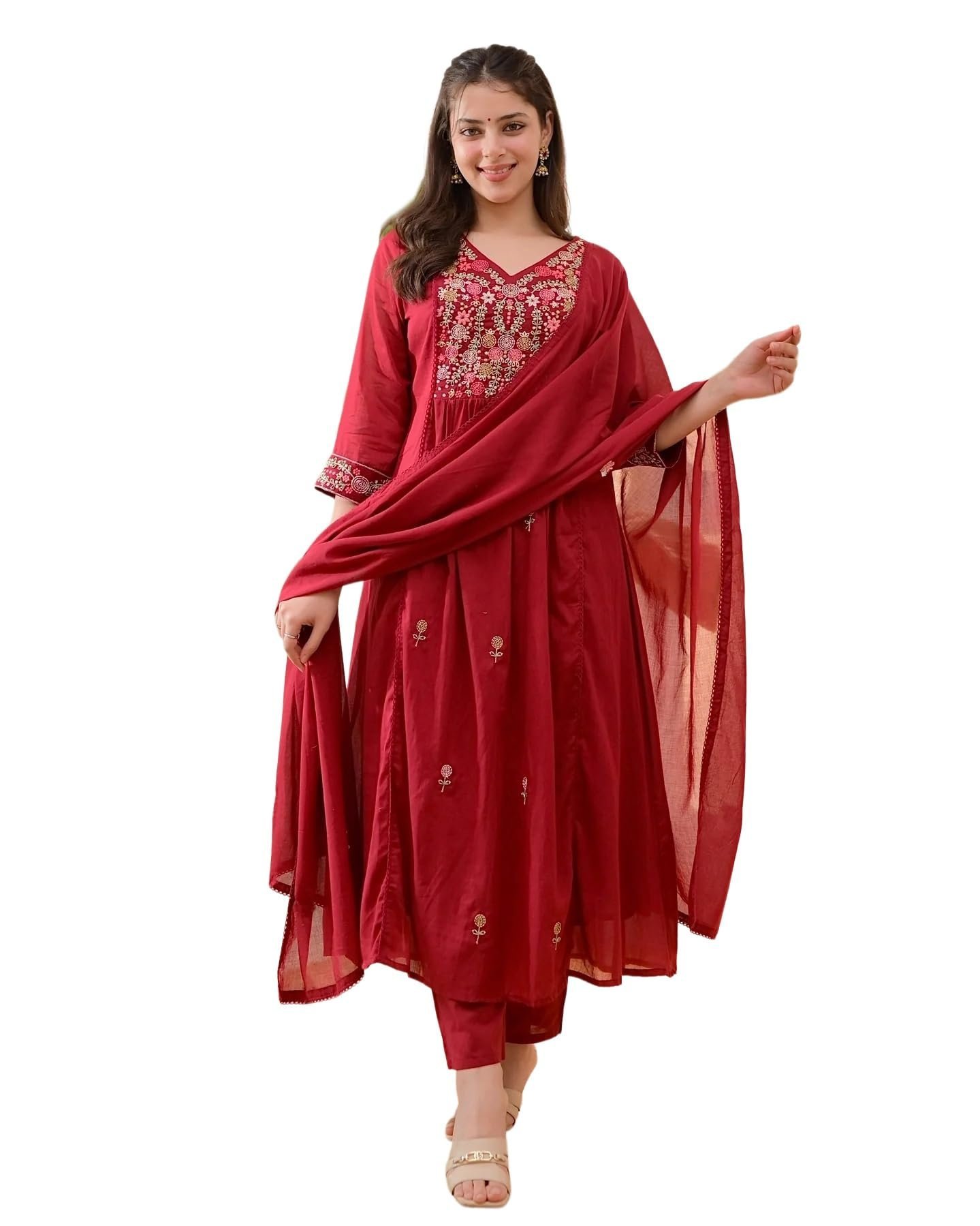 Women Embroidery Solid Anarkali Kurta and Pant Set with Dupatta (in, Alpha, Red)