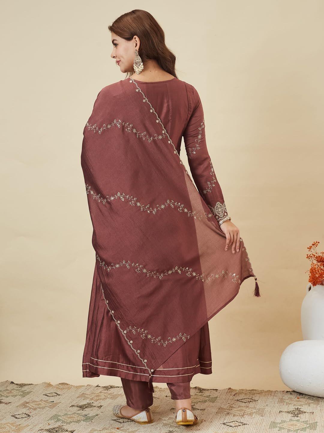 Women’s Maroon Silk Embroidery Anarkali Kurta Pant with Dupatta - Image 4