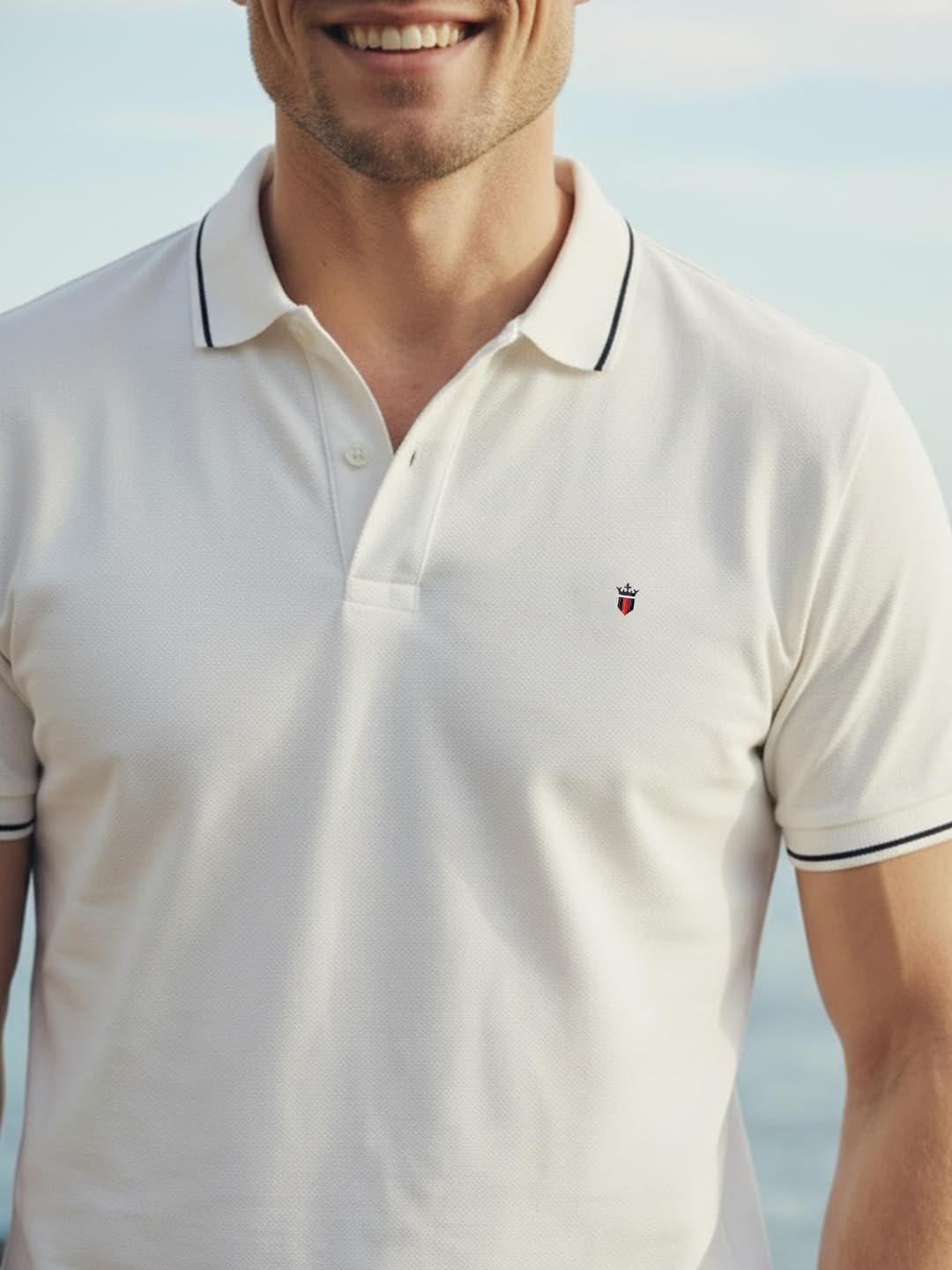 Men White Solid Polo Neck T-Shirt - Image 5