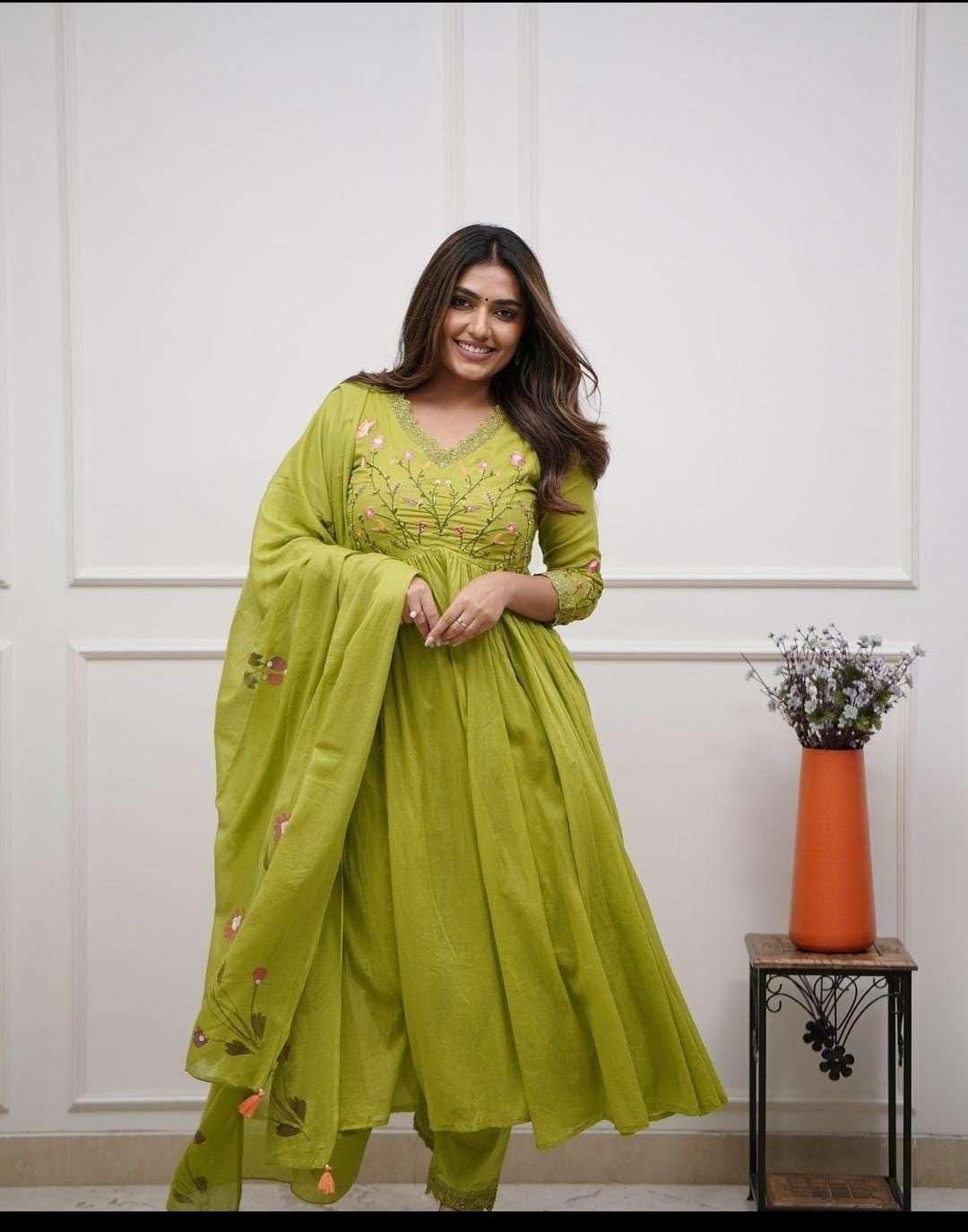 Bansidhar Trader Women's Cotton Embroidered Long Anarkali Kurti with Pant and Dupatta Set (Apple Green) - Image 4