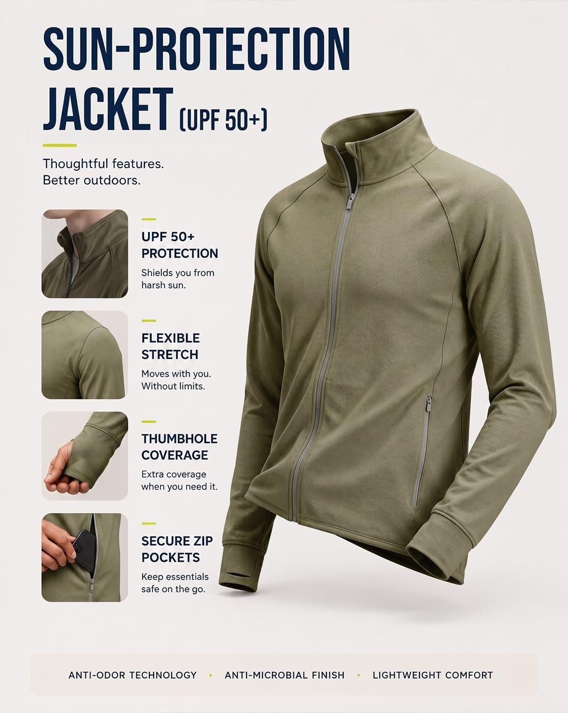 Men UPF 50 Regular Fit Zipper Jacket(1M-TWJK-R0019-CVG2_Covert Green) - Image 2