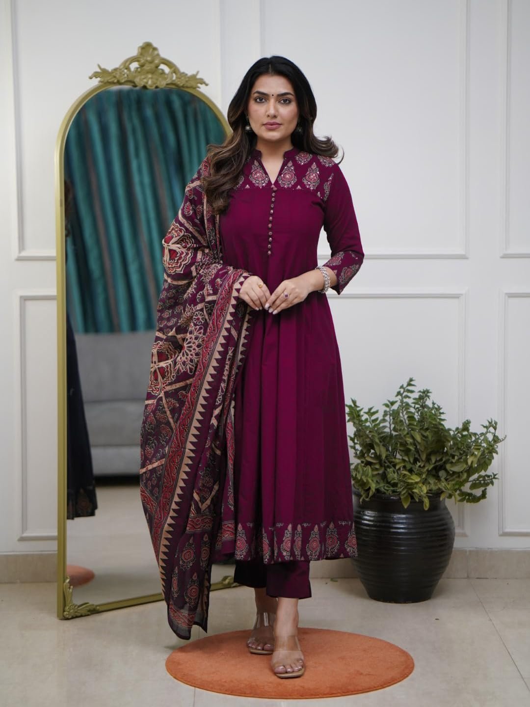 Women's Rayon Viscose Anarkali Printed Kurta Pant with Dupatta (Chami Wine-GS_M_Wine_Medium) - Image 6
