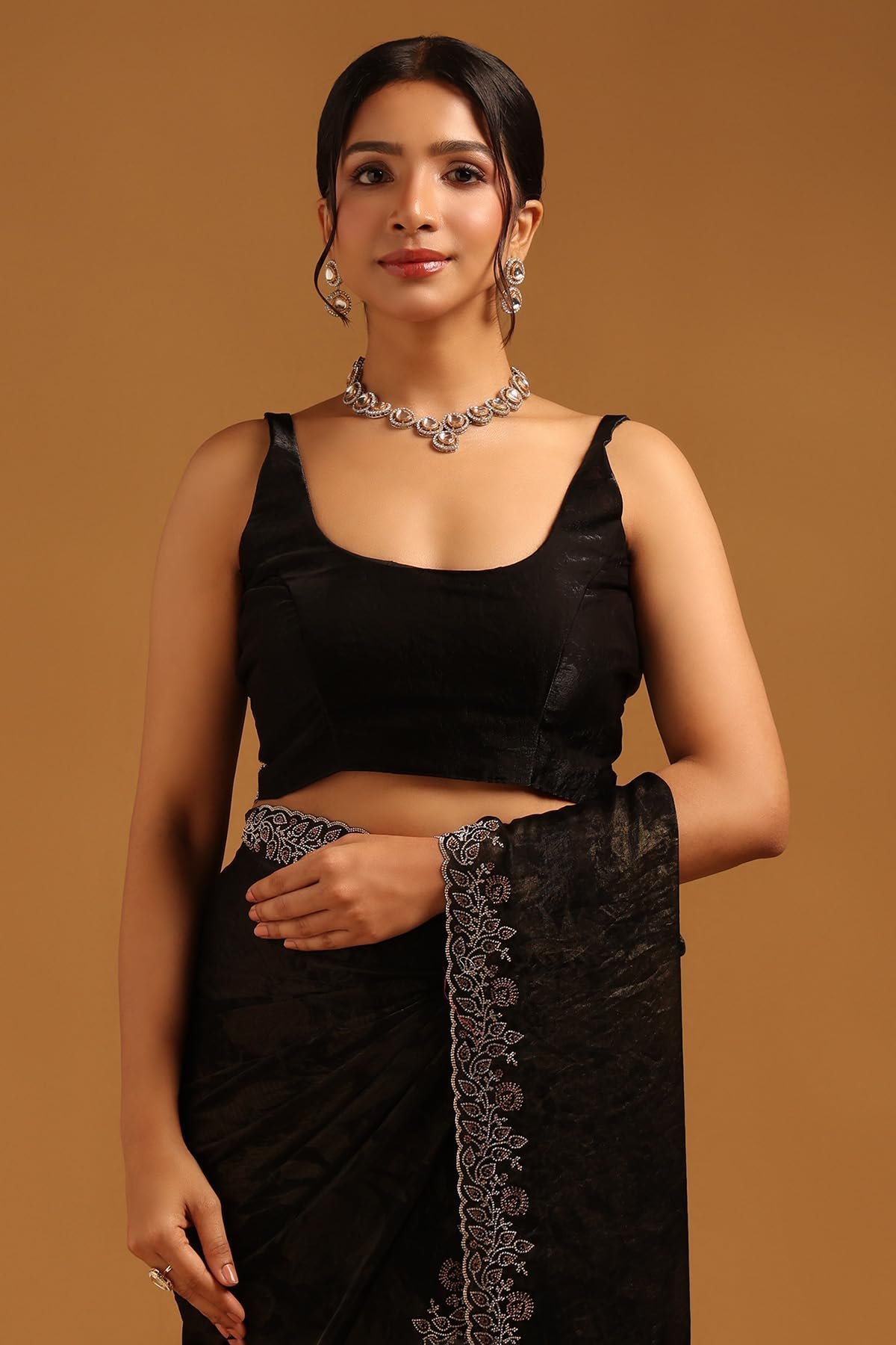 Womens Black Organza Saree With Stone Work - Image 5