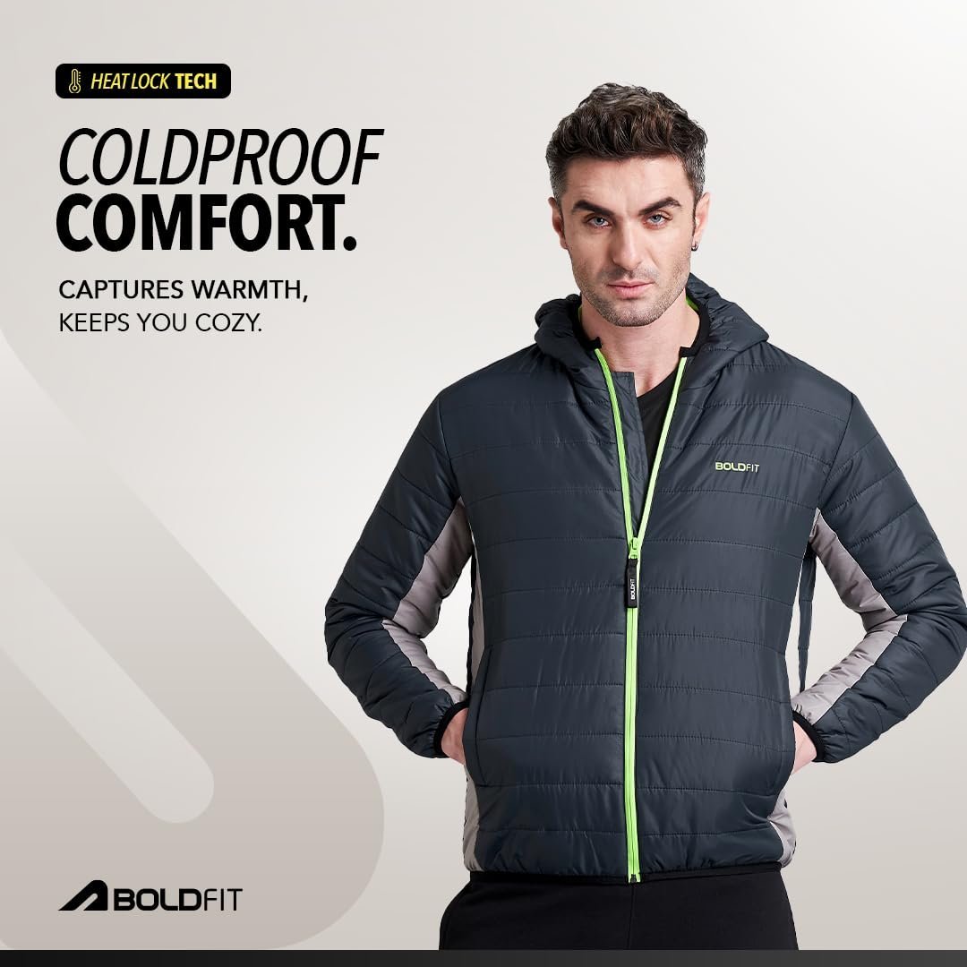 Men's Quilted Polyester Standard Length Jacket Monsoon Winter Wear Hooded Winter Padded Bomber Full Sleeve Jacket Black Charcoal Large - Image 3