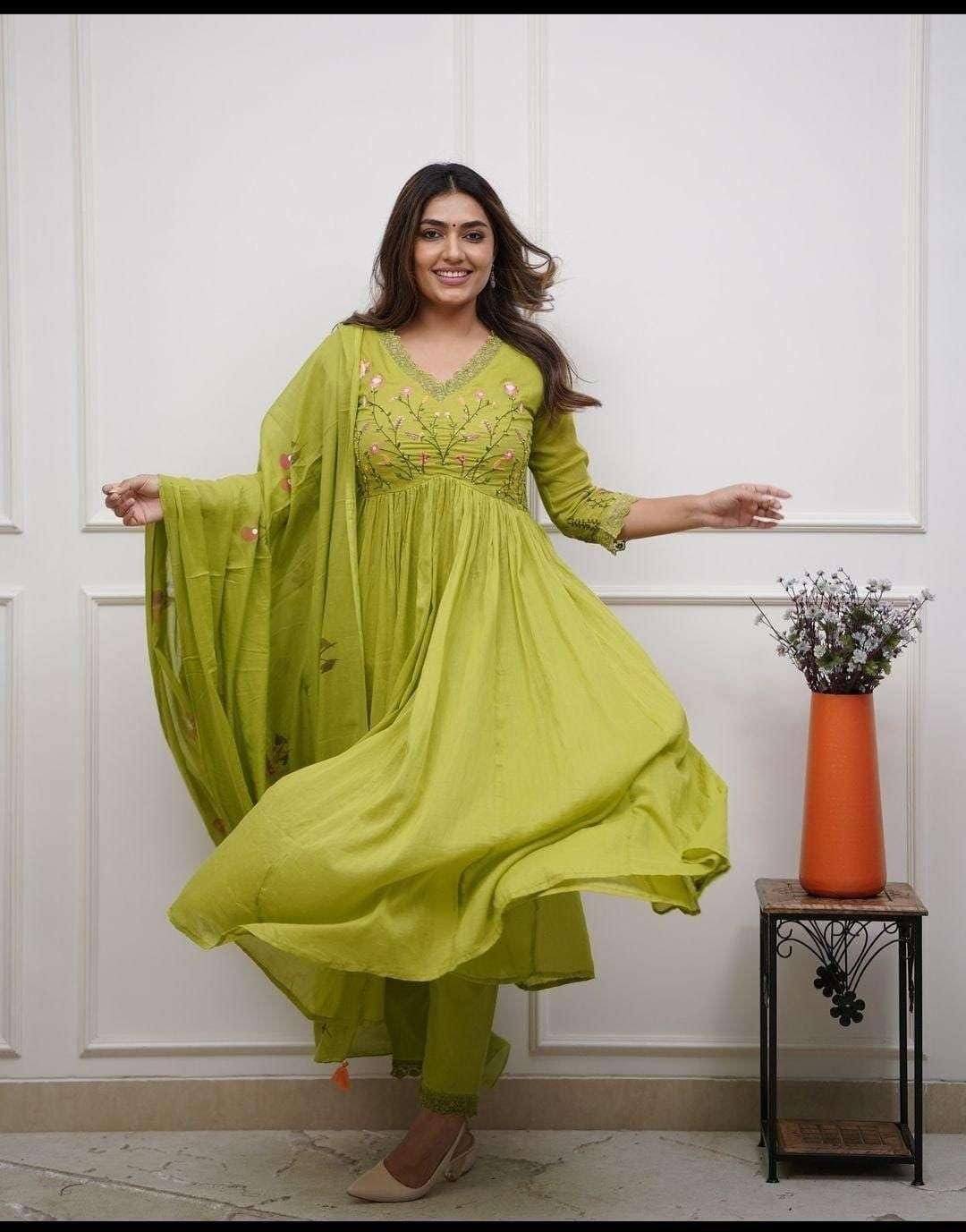 Bansidhar Trader Women's Cotton Embroidered Long Anarkali Kurti with Pant and Dupatta Set (Apple Green) - Image 2
