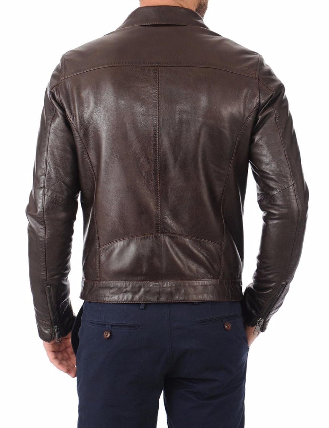 Premium Leather Motorcycle Jacket, Dark Brown, Classic Collar, Zip Front (IN, Alpha, DARK BROWN) - Image 2