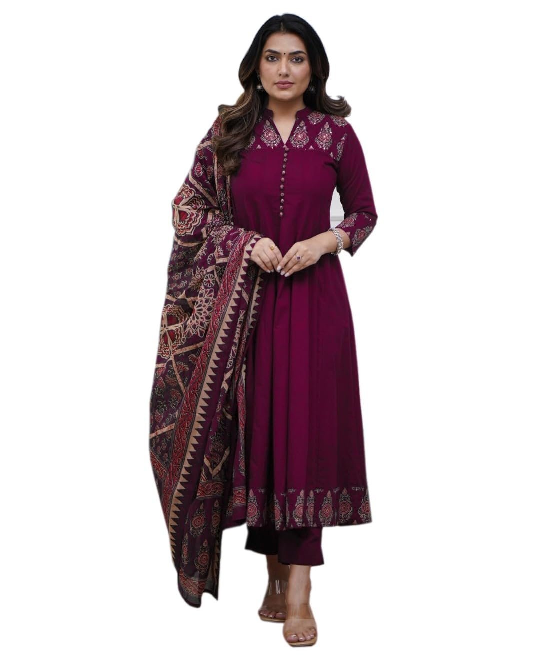 Women's Rayon Viscose Anarkali Printed Kurta Pant with Dupatta (Chami Wine-GS_M_Wine_Medium)