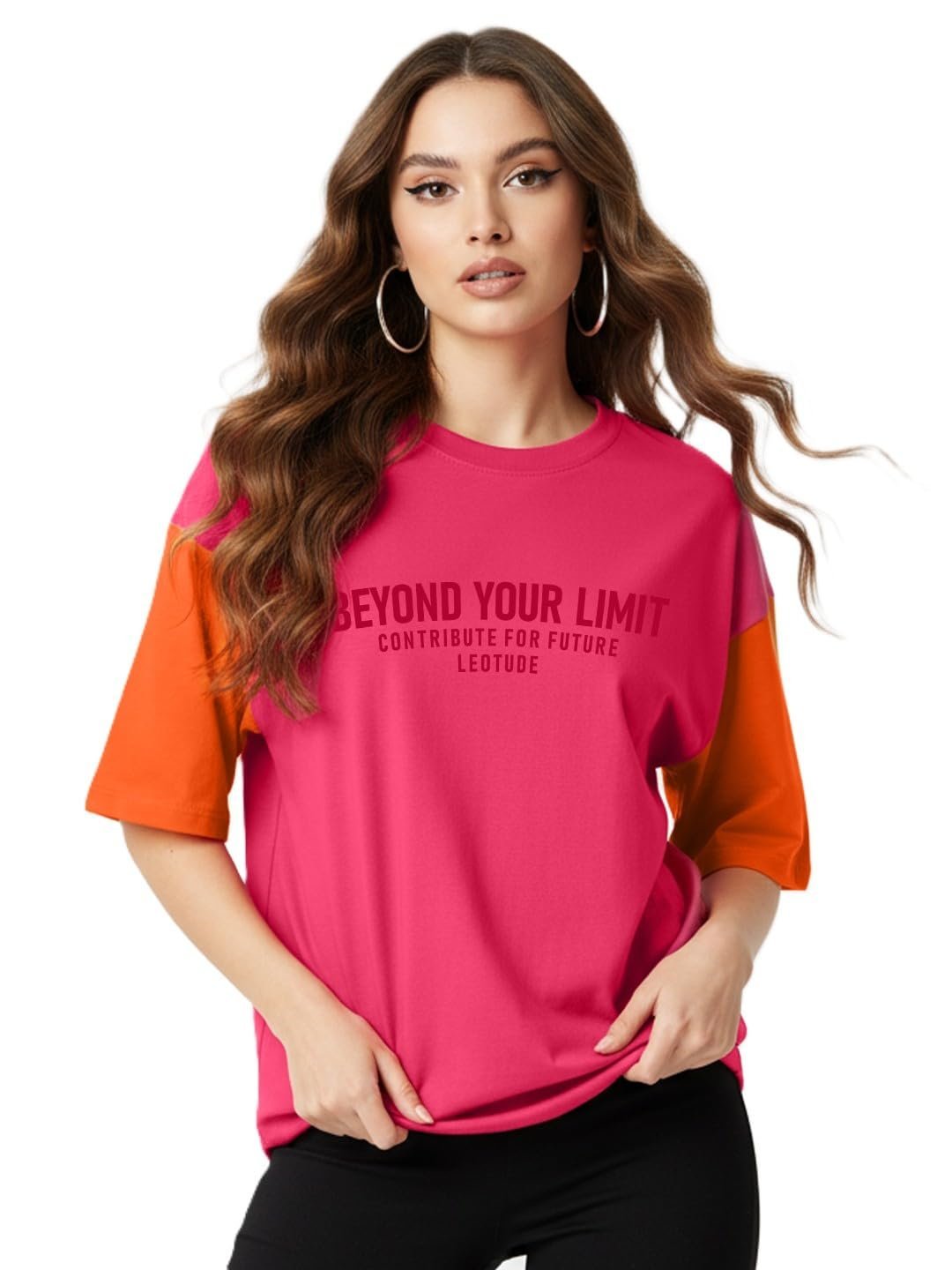 Womens Half Sleeve Oversized Round Neck Cottonblend Printed Colour Blocked T-Shirts Top for Woman (GRL_FS33_Pink_BEYONDS_P_Pink)
