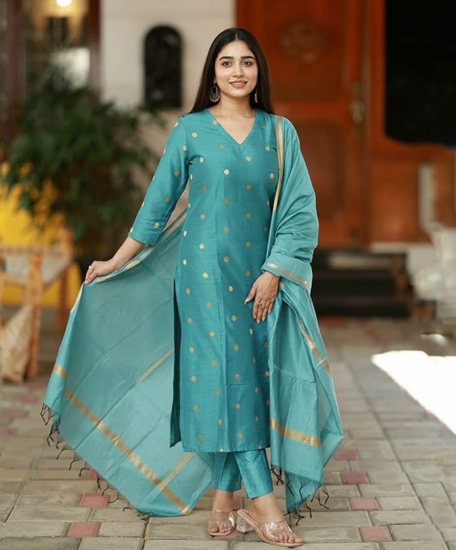 Women's Rayon Viscose Straight Printed Kurta with Pant & Dupatta (SDF SKY-VKS01-GS_XXL_Sky_XX-Large) - Image 5