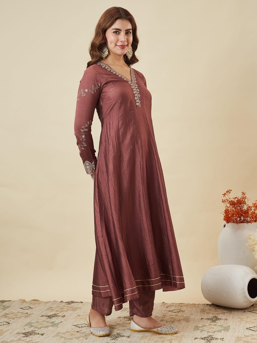 Women’s Maroon Silk Embroidery Anarkali Kurta Pant with Dupatta - Image 9
