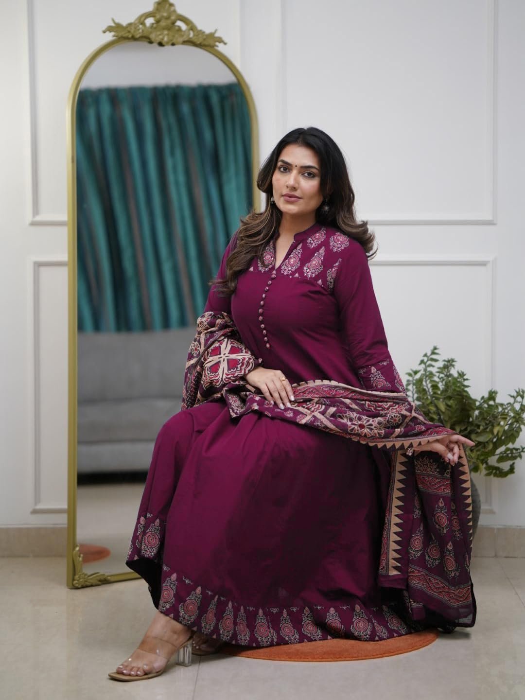 Women's Rayon Viscose Anarkali Printed Kurta Pant with Dupatta (Chami Wine-GS_M_Wine_Medium) - Image 4