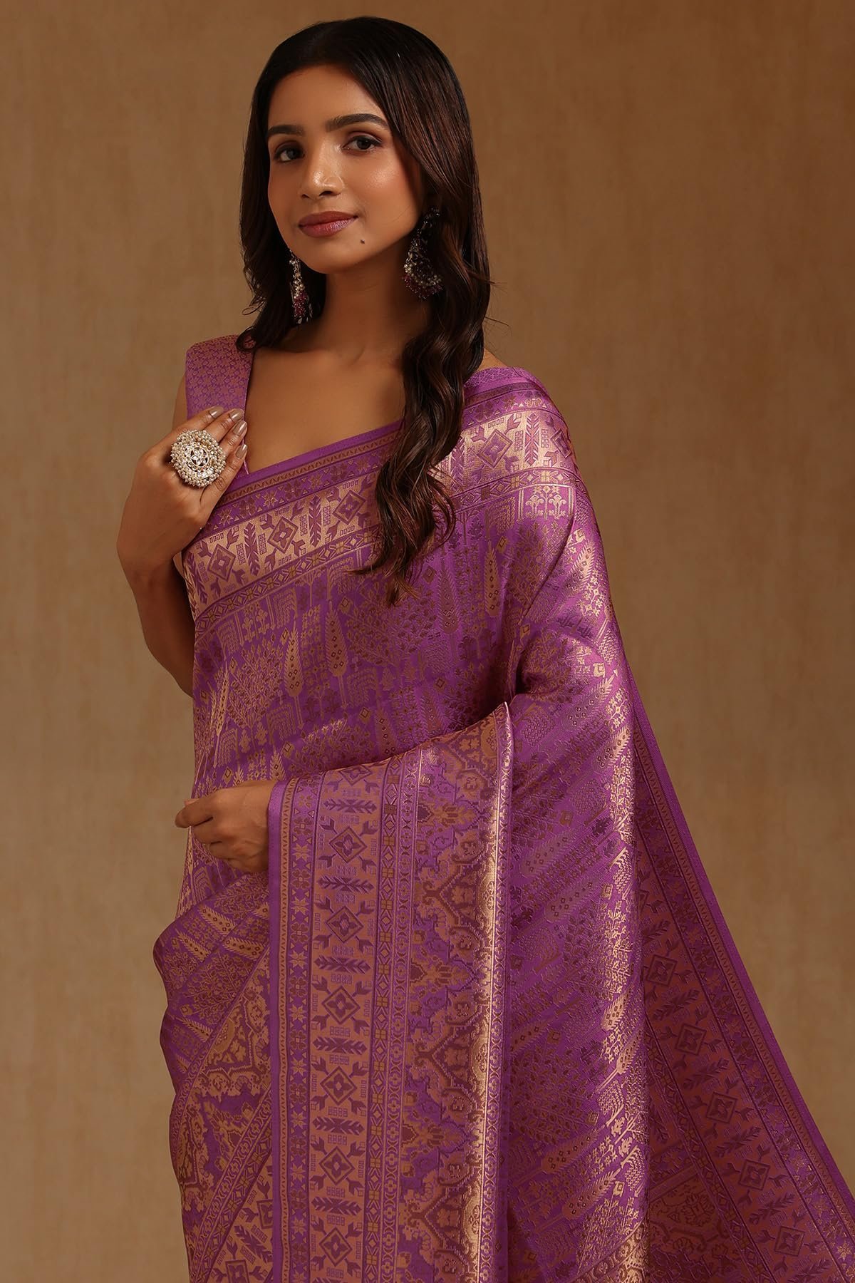 Womens Lavender Tussar Woven Designs Saree With Zari - Image 2