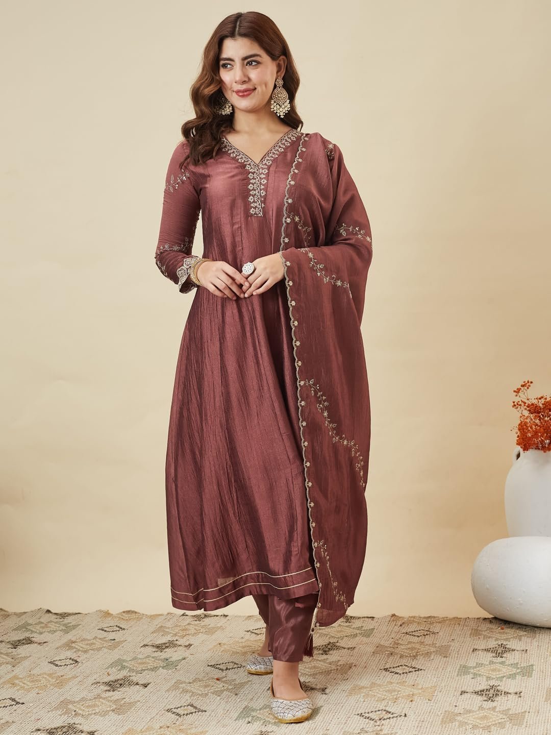 Women’s Maroon Silk Embroidery Anarkali Kurta Pant with Dupatta - Image 5