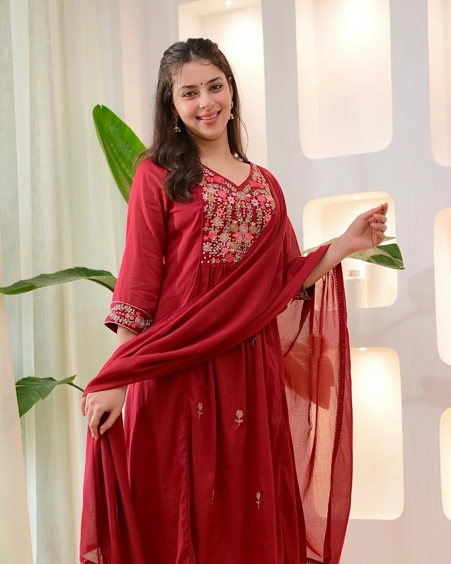 Women Embroidery Solid Anarkali Kurta and Pant Set with Dupatta (in, Alpha, Red) - Image 2