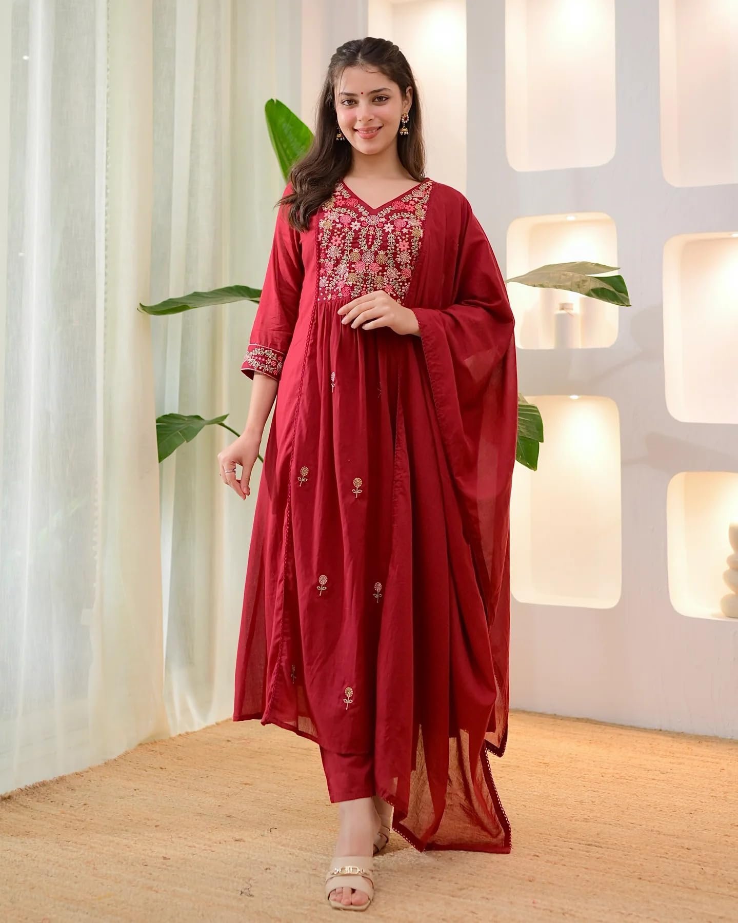 Women Embroidery Solid Anarkali Kurta and Pant Set with Dupatta (in, Alpha, Red) - Image 5