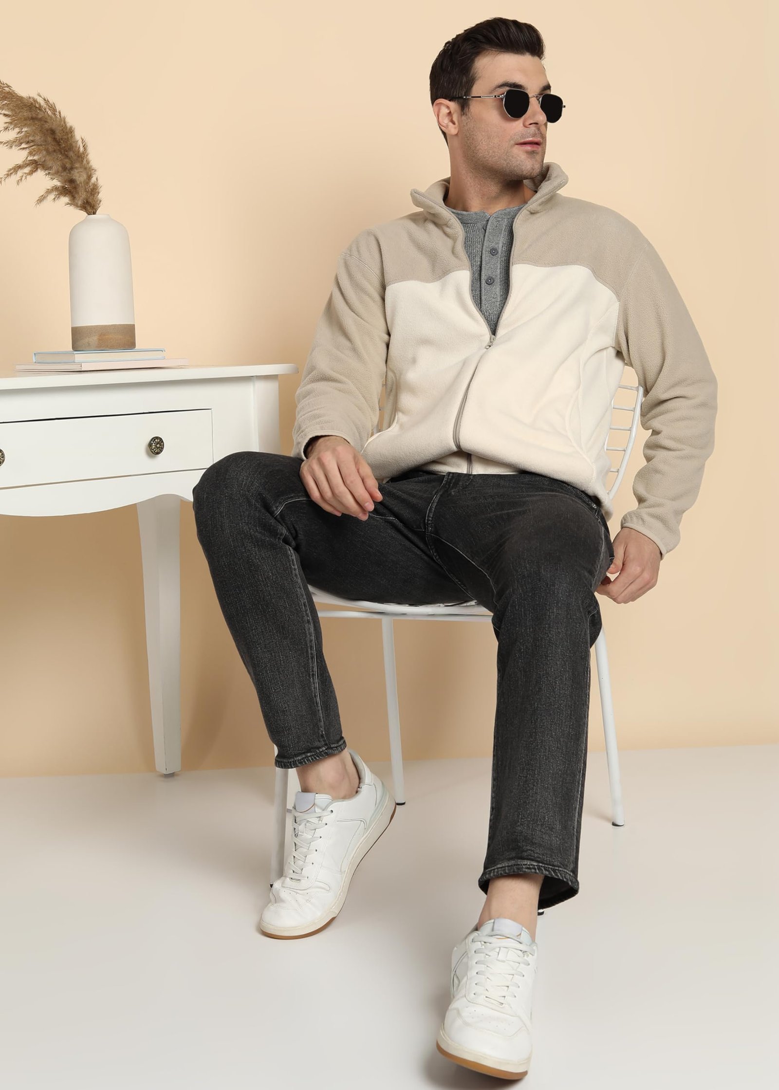 Men’s Fleece Full-Zip Jacket | Warm Puffy Polyester Jacket with Stand Collar & Piped Cuffs (Beige_2XL) - Image 3