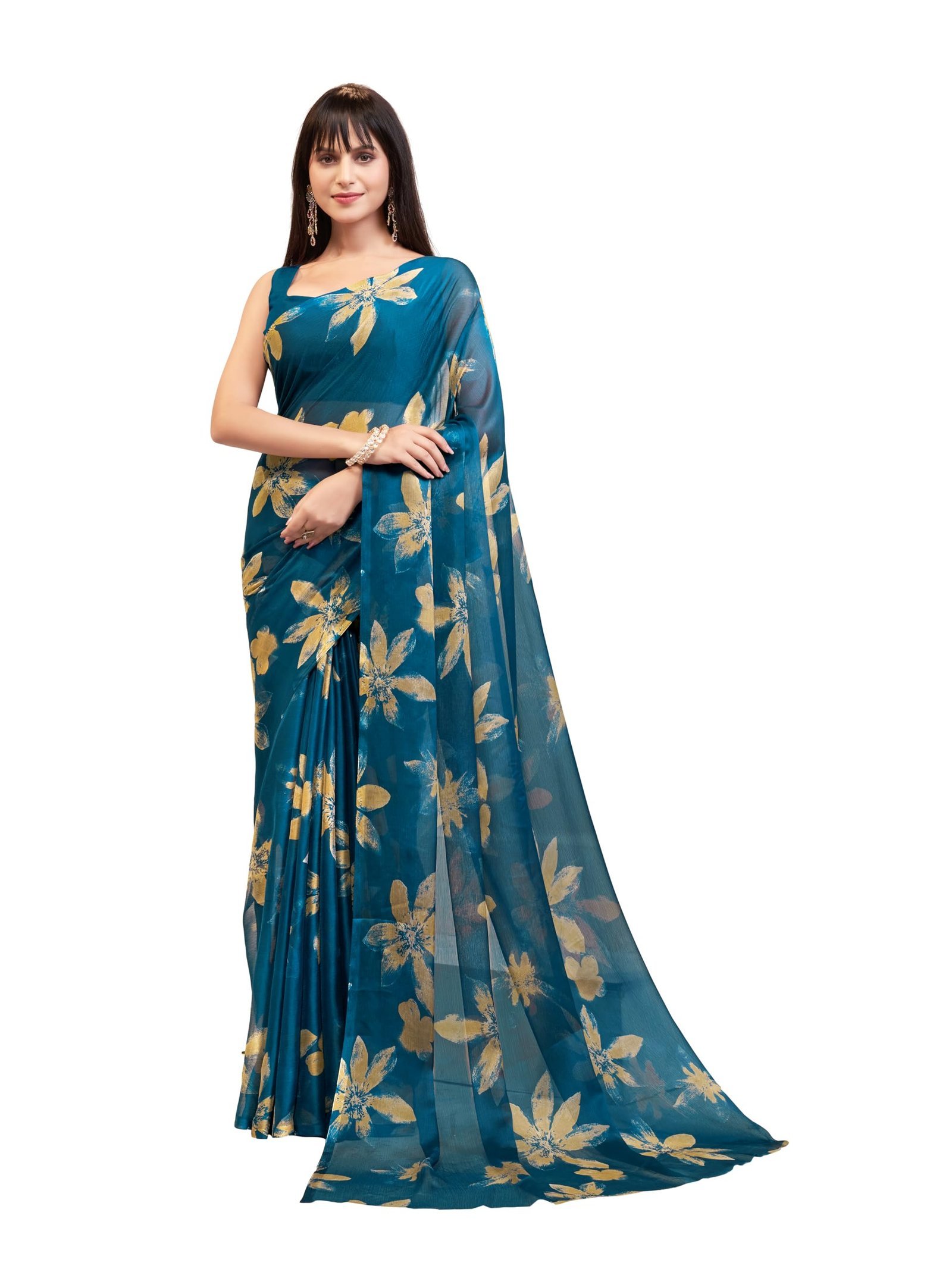 Women Floral Print Nara Chiffon Saree Teal
