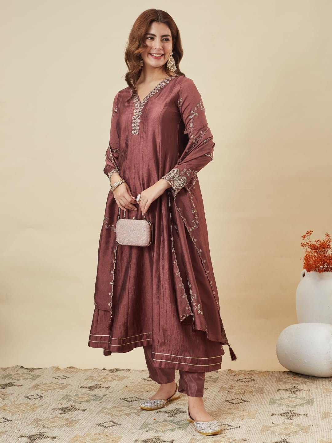 Women’s Maroon Silk Embroidery Anarkali Kurta Pant with Dupatta - Image 3