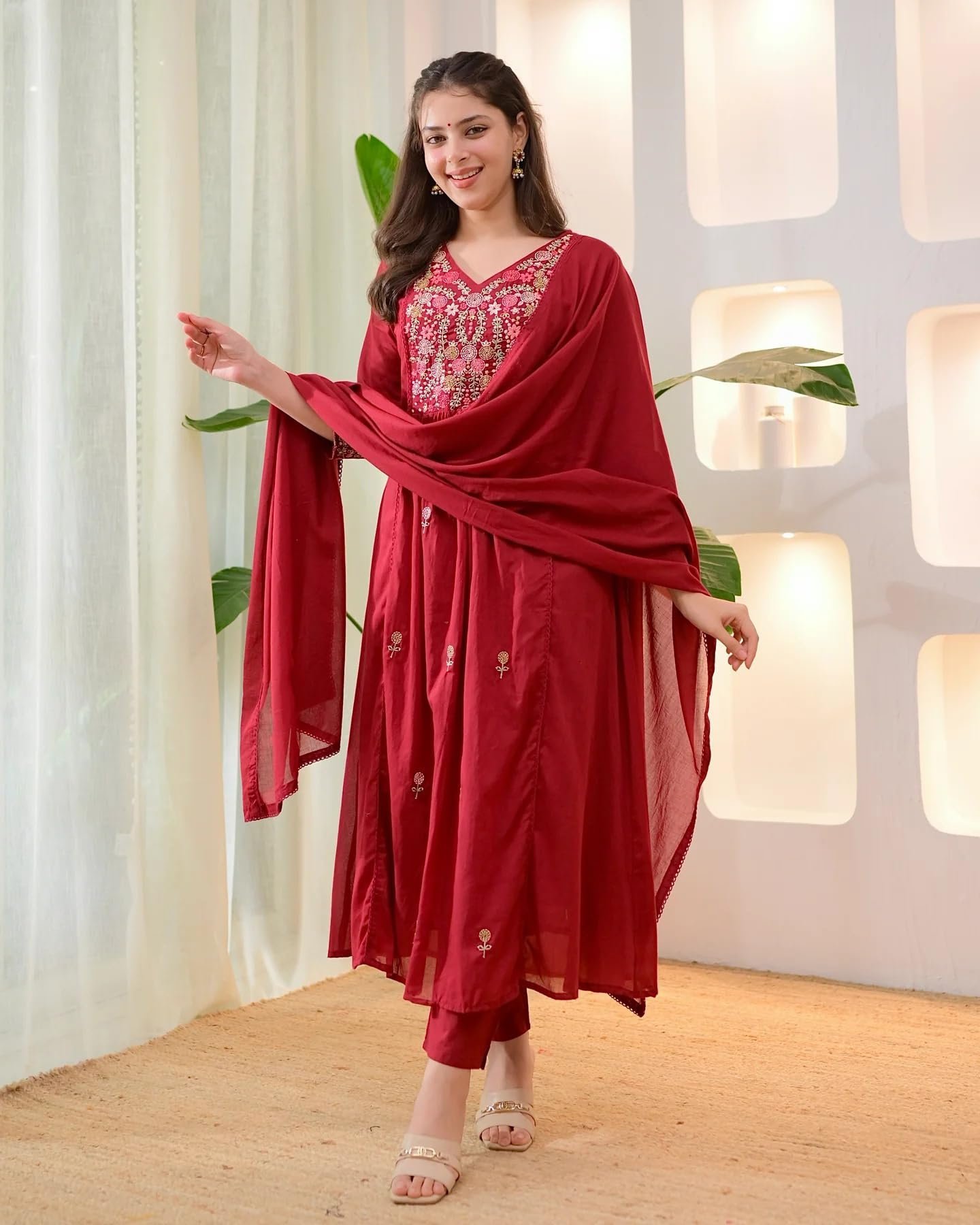 Women Embroidery Solid Anarkali Kurta and Pant Set with Dupatta (in, Alpha, Red) - Image 4