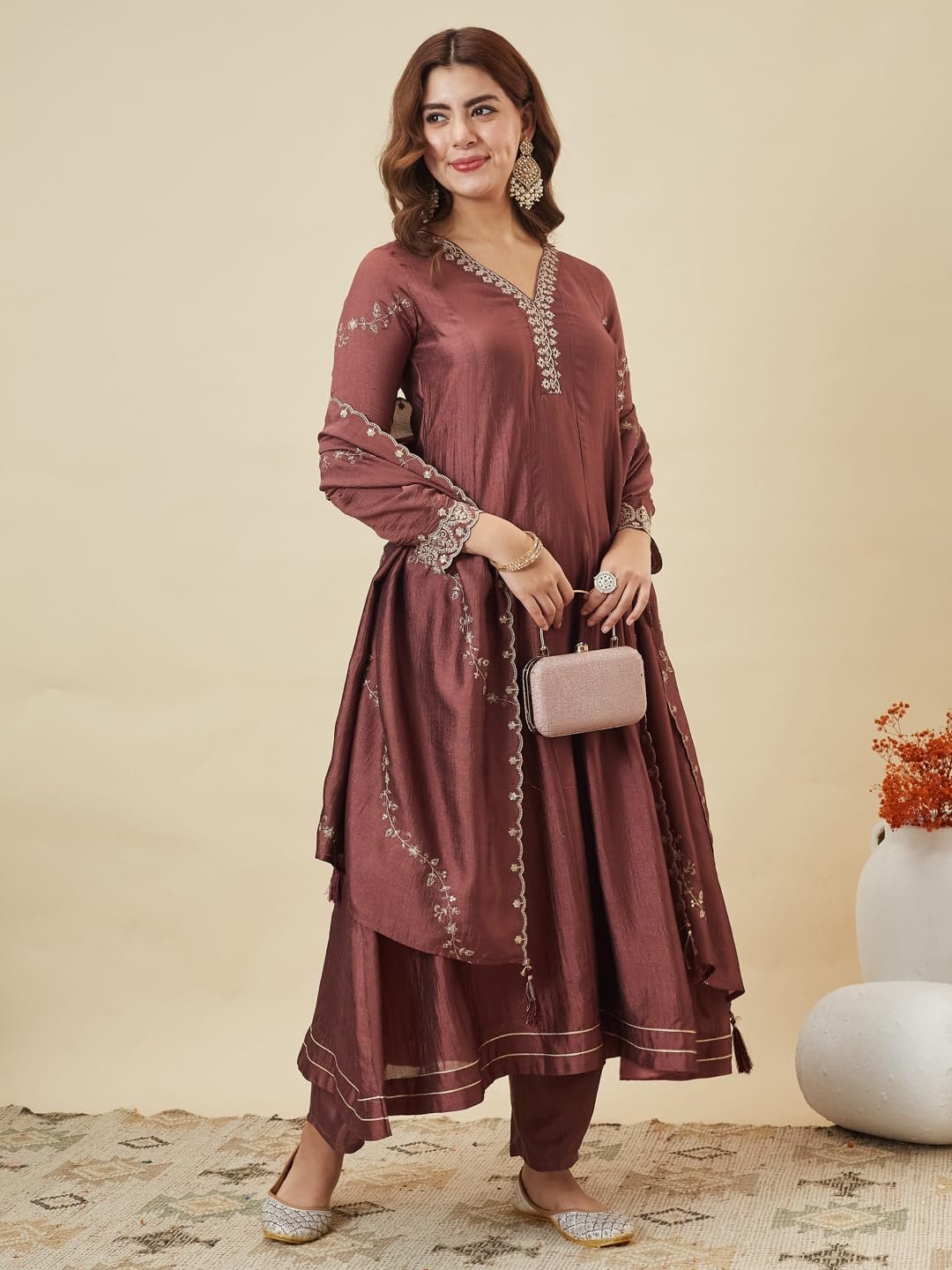 Women’s Maroon Silk Embroidery Anarkali Kurta Pant with Dupatta - Image 2