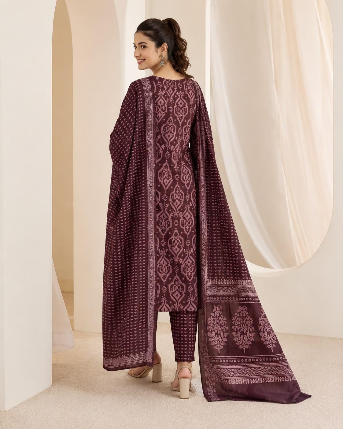 Women's Cotton Printed Kurta Pant with Dupatta Set | Ethnic Straight Kurta Suit Set | Soft Breathable Fabric | Festive, Casual, Office & Daily Wear (coffee) (IN, Alpha) - Image 2