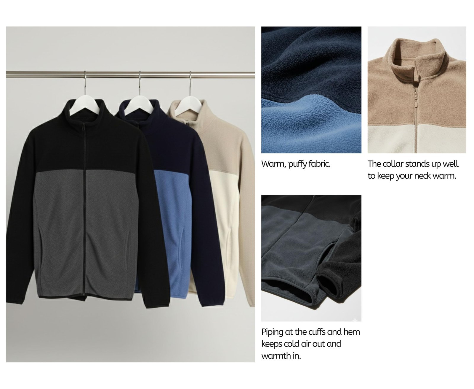 Men’s Fleece Full-Zip Jacket | Warm Puffy Polyester Jacket with Stand Collar & Piped Cuffs (Beige_2XL) - Image 7