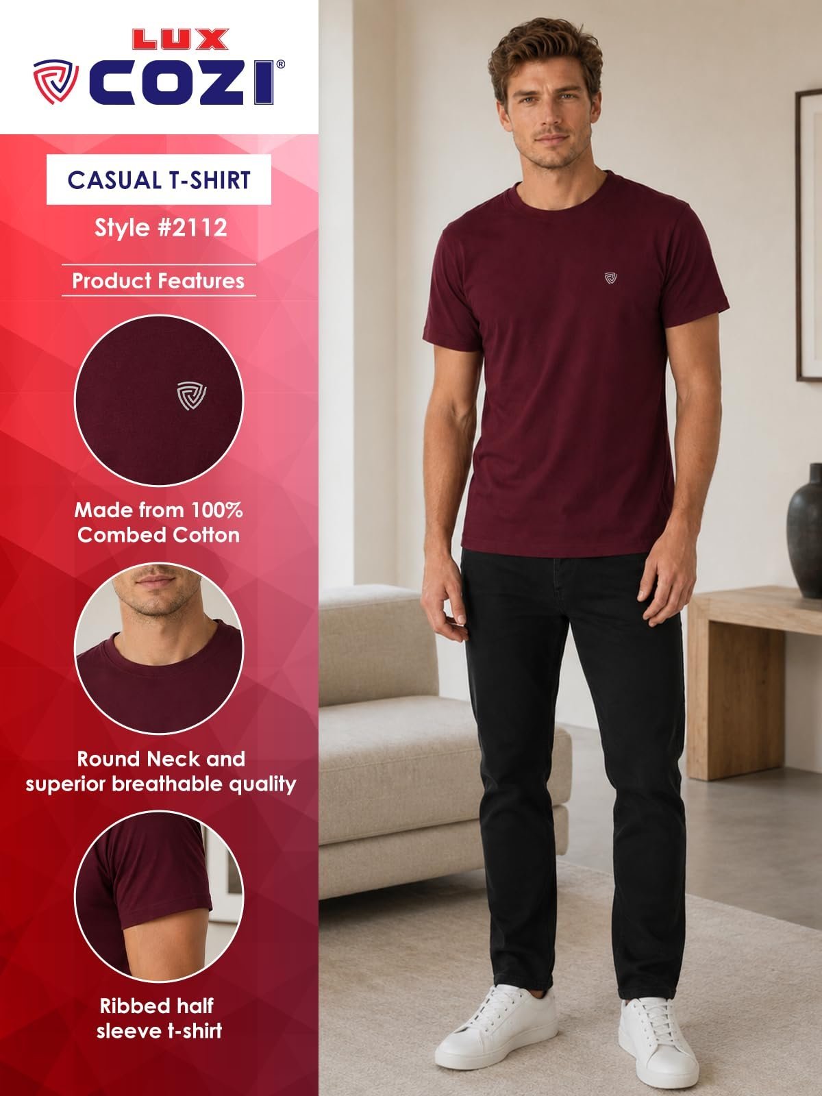 Maroon Solid Cotton Round Neck Tshirt for Men (Size: X-Large) - Image 2