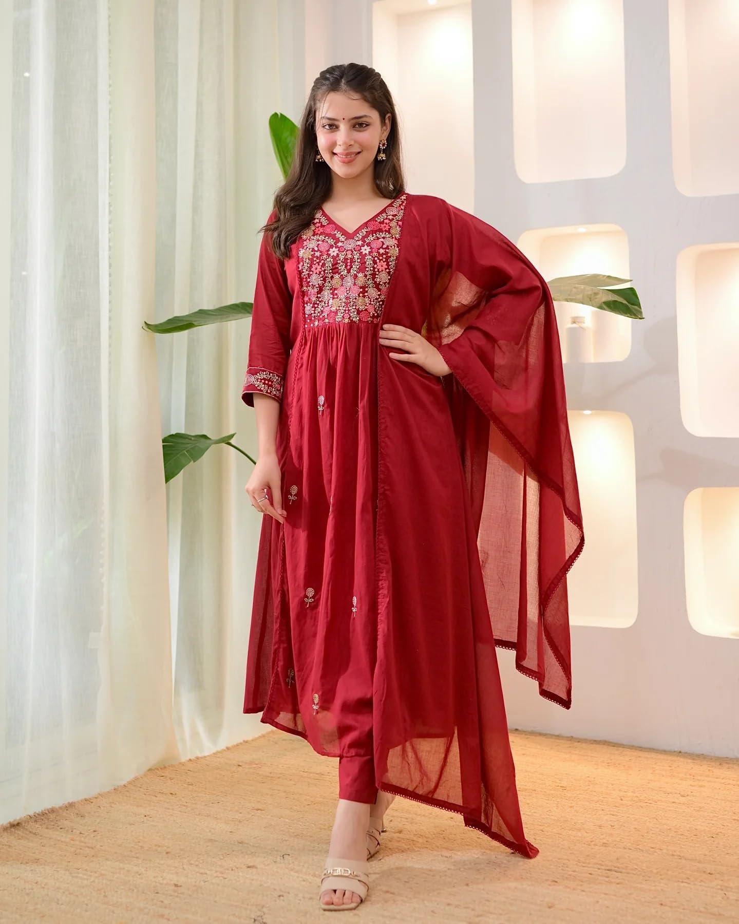 Women Embroidery Solid Anarkali Kurta and Pant Set with Dupatta (in, Alpha, Red) - Image 3