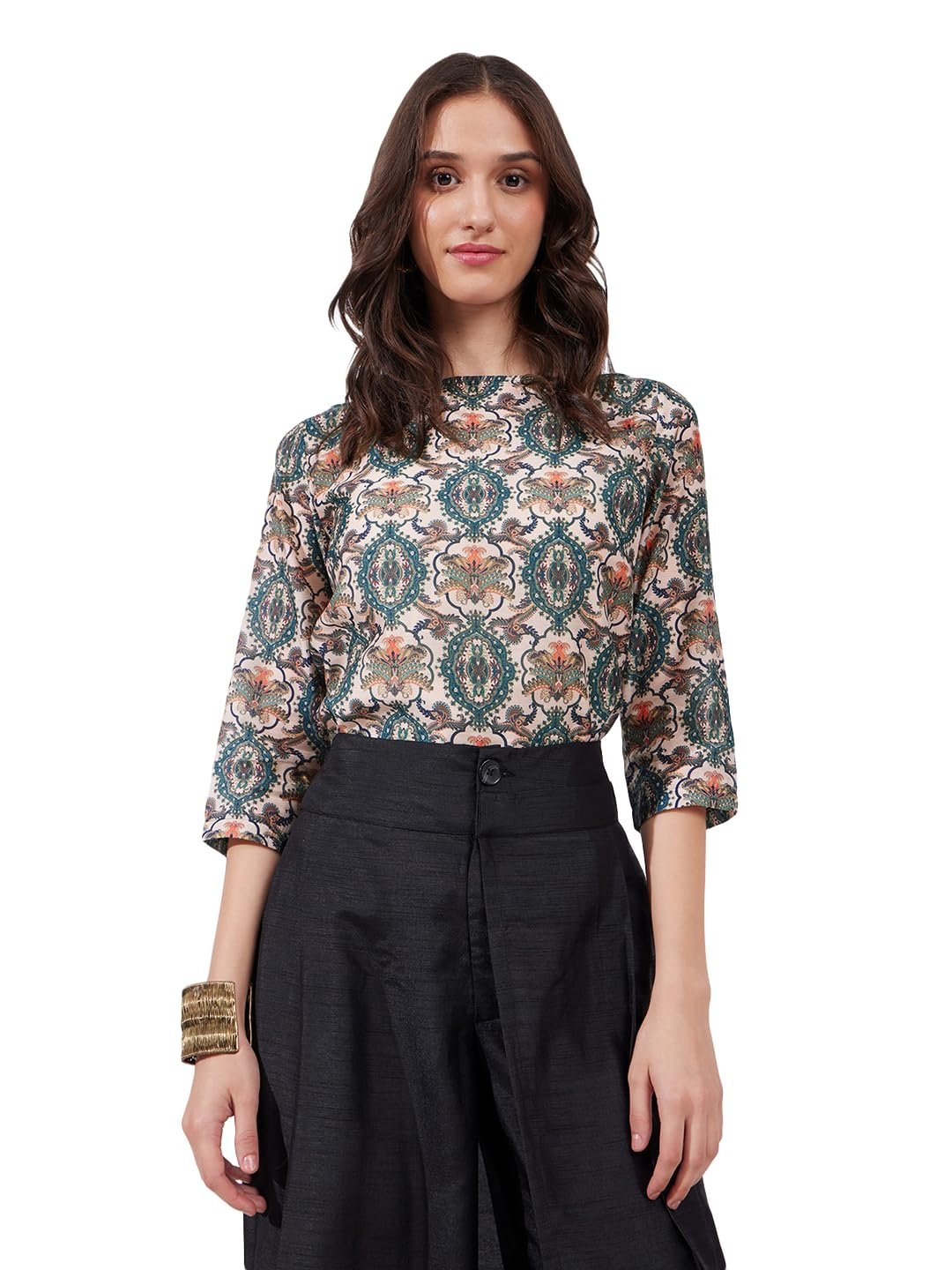 Women Casual Top | Boat Neck Three-Quarter Sleeves Floral Print Hip Length | Lightweight Smooth Fabric, Work & Vacation Outings | Multi
