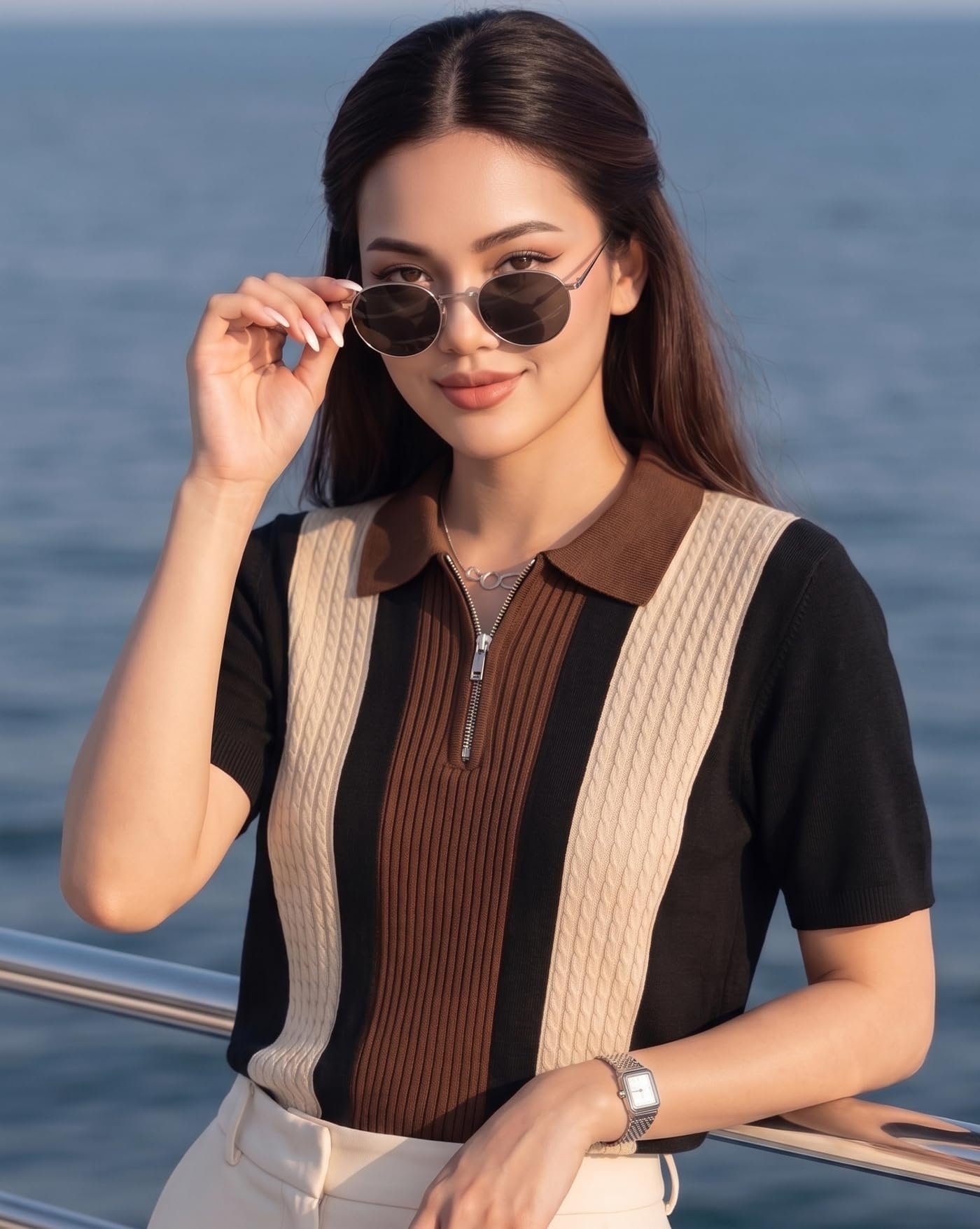 Women’s Casual Summer Polo Knit T-Shirt | Zip Collar Top | Half Sleeves | Ribbed Panel Design | Lightweight Comfort | Regular Fit - Image 6