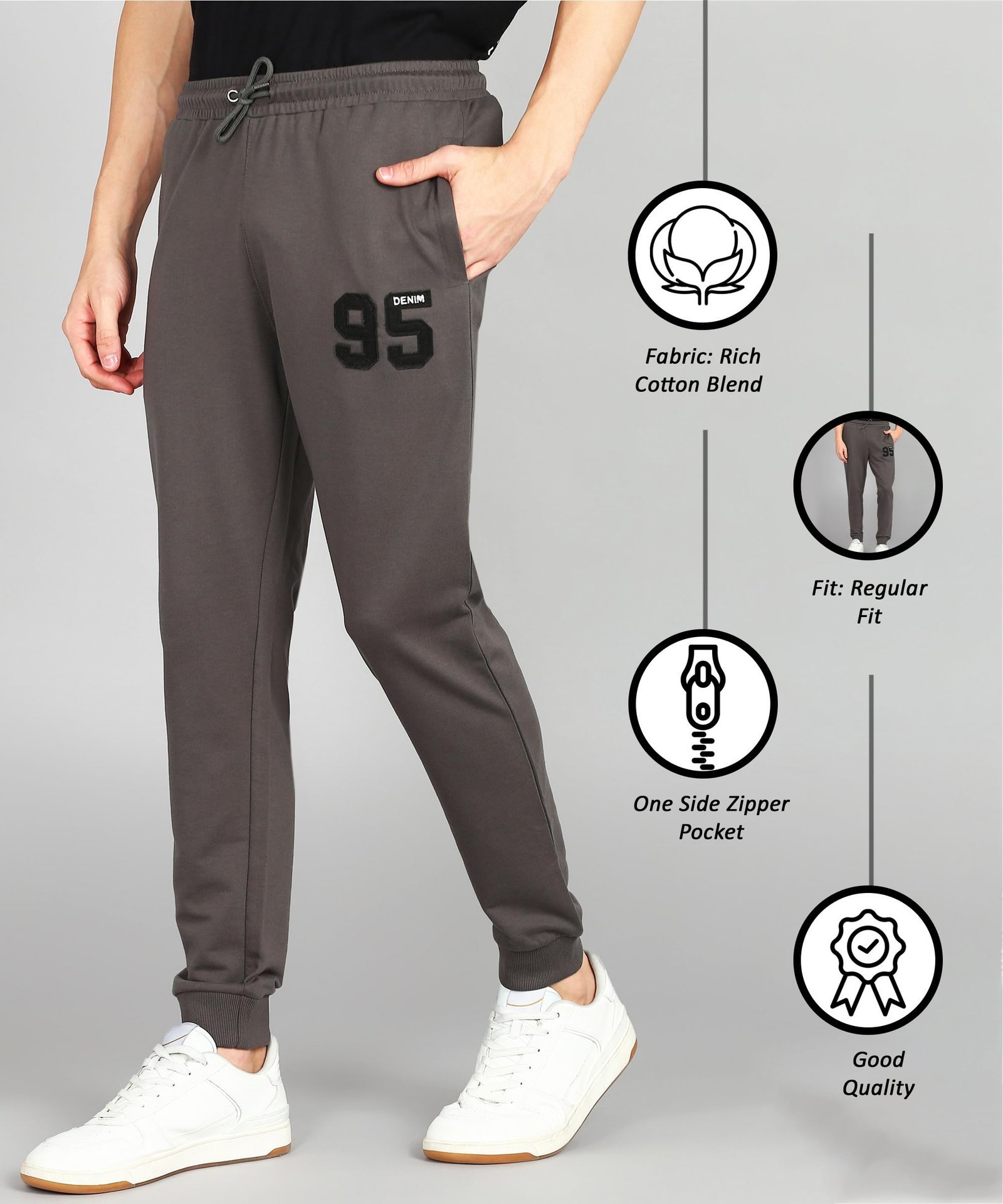 Men's Mid Rise Cotton Blend Joggers Track Pants | French Terry | Zipper Pocket | Casual, Gym & Lounge Wear (Cement_2XL) - Image 2