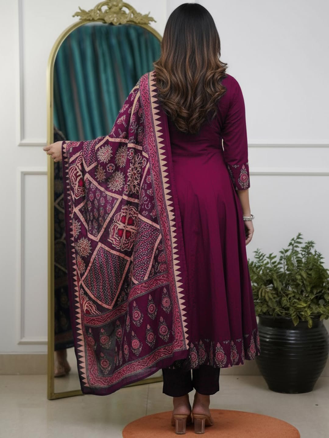 Women's Rayon Viscose Anarkali Printed Kurta Pant with Dupatta (Chami Wine-GS_M_Wine_Medium) - Image 2
