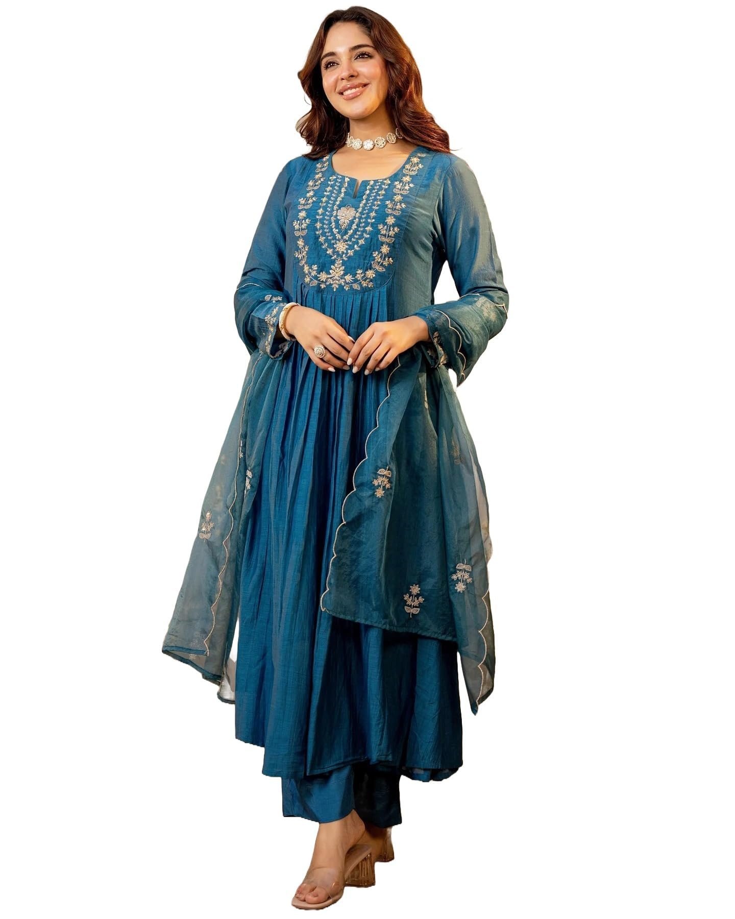 Women Embroidery Solid A-Line Kurta and Pant Set with Dupatta (IN, Alpha, Morepeach)