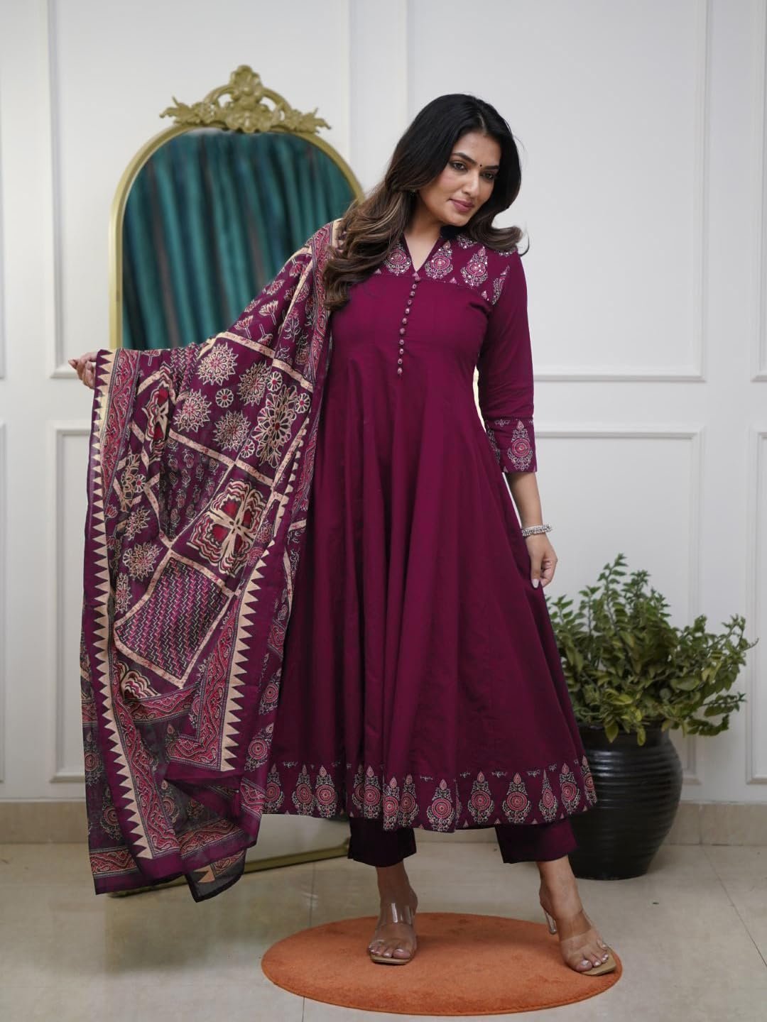 Women's Rayon Viscose Anarkali Printed Kurta Pant with Dupatta (Chami Wine-GS_M_Wine_Medium) - Image 3
