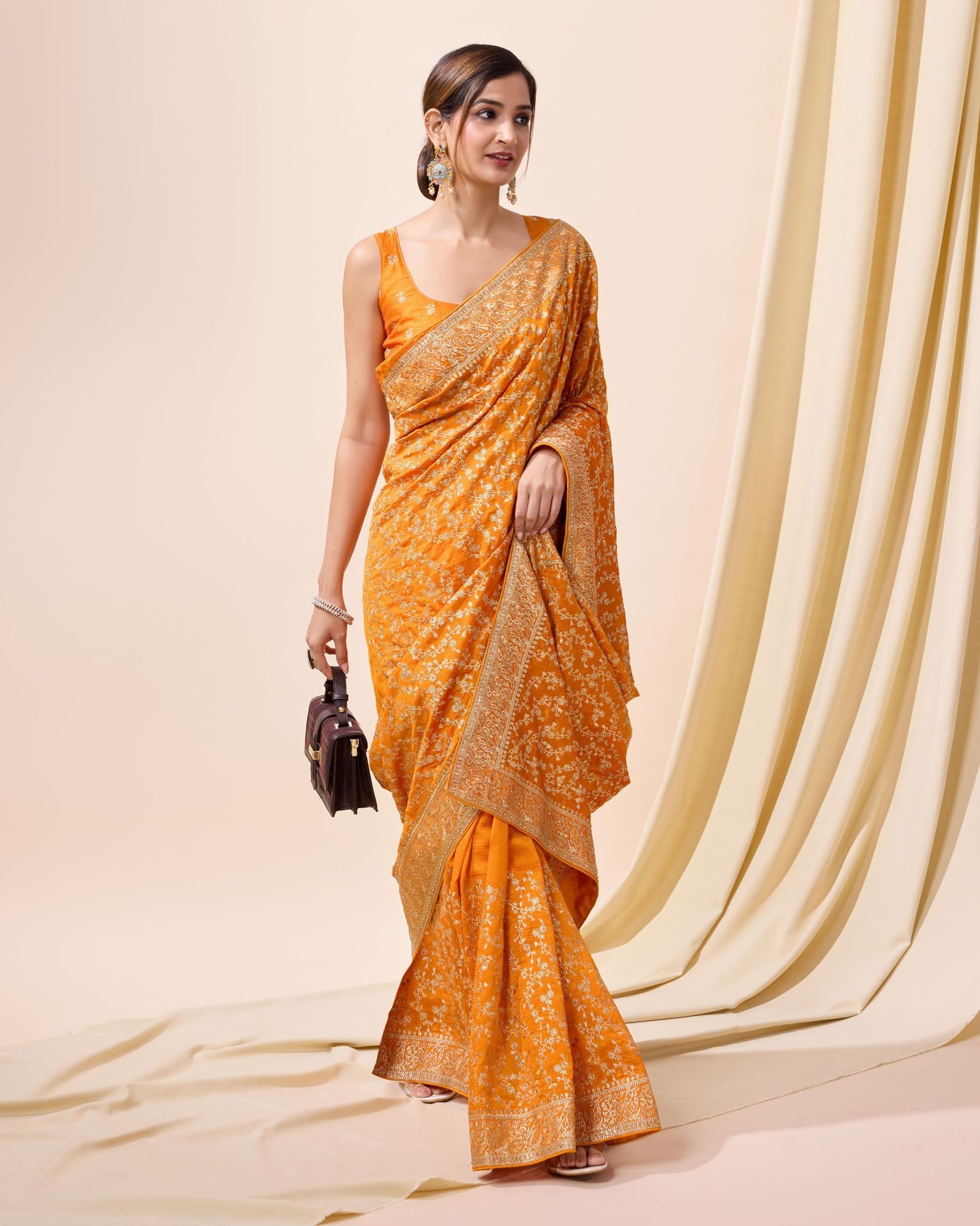 Women's Vichitra Silk Embroidery Work Saree with Unstitch Blouse Piece (K1098-Yellow) - Image 3