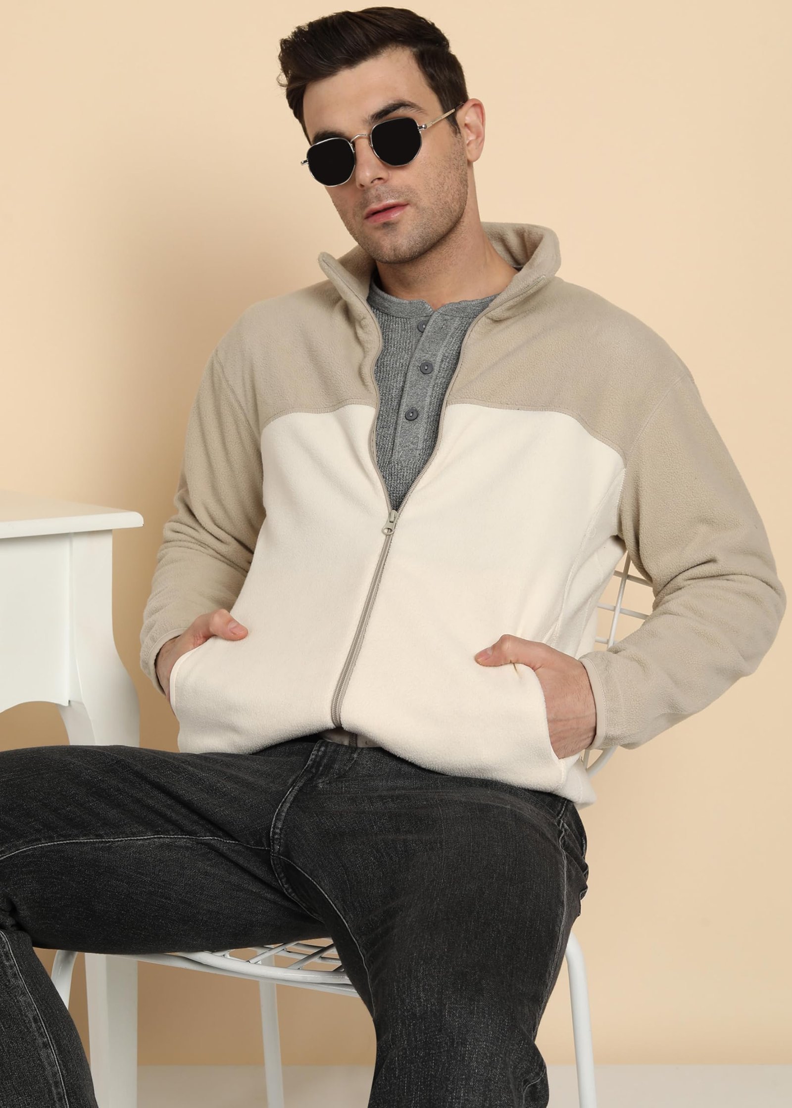 Men’s Fleece Full-Zip Jacket | Warm Puffy Polyester Jacket with Stand Collar & Piped Cuffs (Beige_2XL) - Image 2