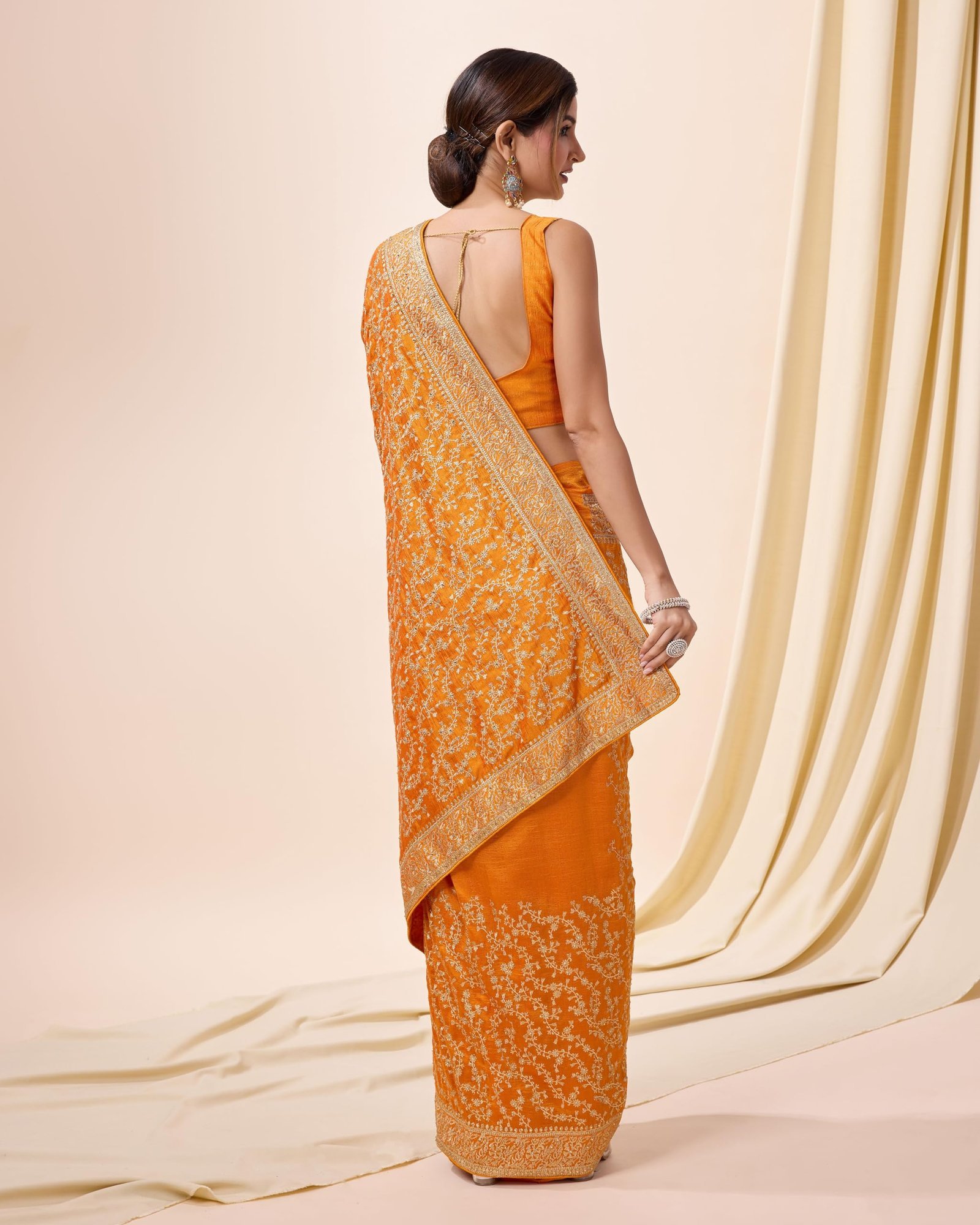 Women's Vichitra Silk Embroidery Work Saree with Unstitch Blouse Piece (K1098-Yellow) - Image 2
