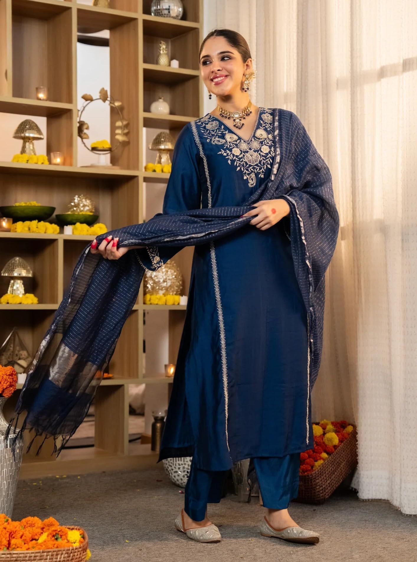 Women Embroidery Solid Straight Kurta and Pant Set with Dupatta - Image 2